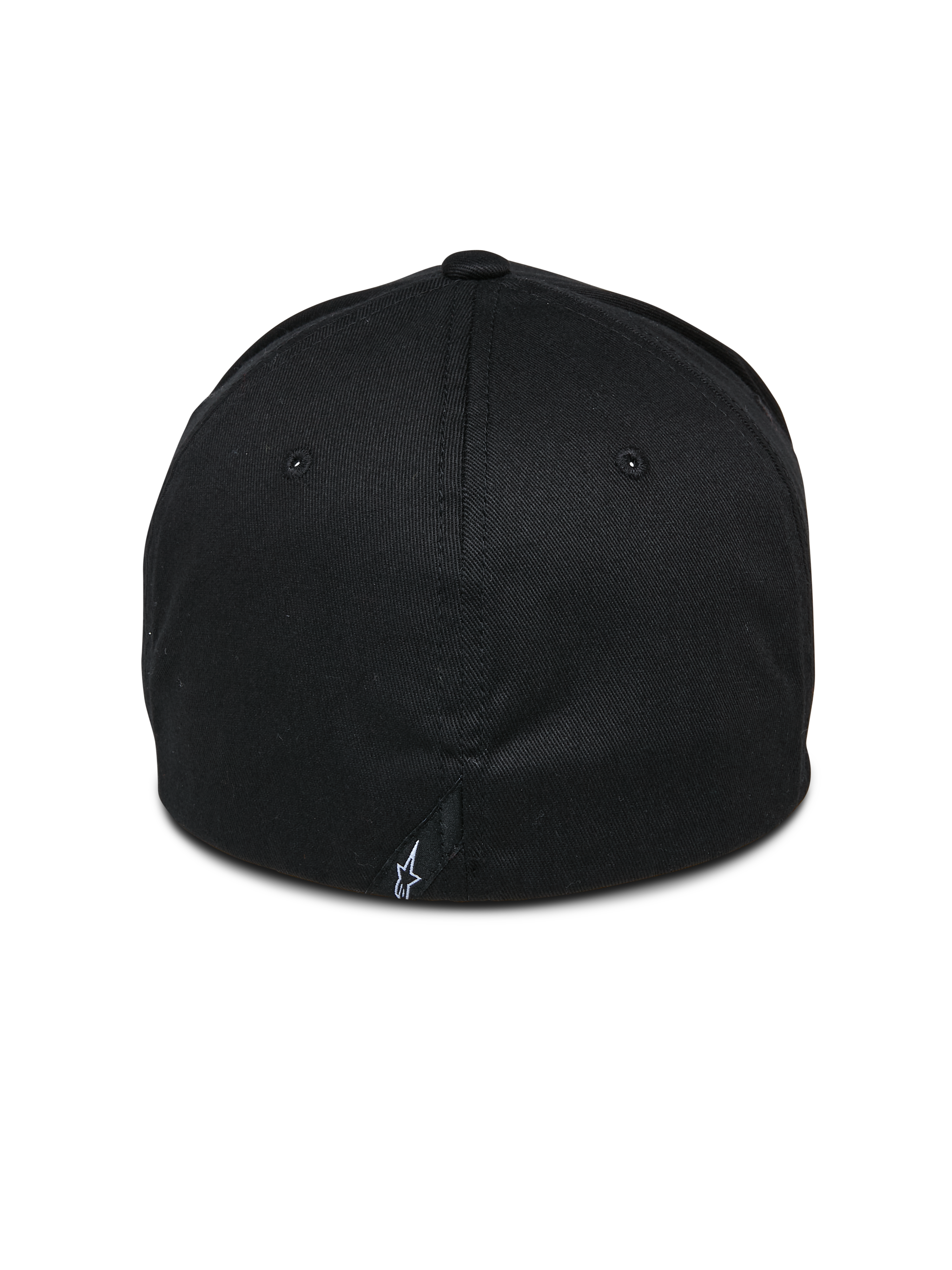 Alpinestars Share pet, zwart, achteraanzicht met gesloten flex-back constructie, klein wit Astars-logo op de achternaad, casual motorsport-geïnspireerde streetwear