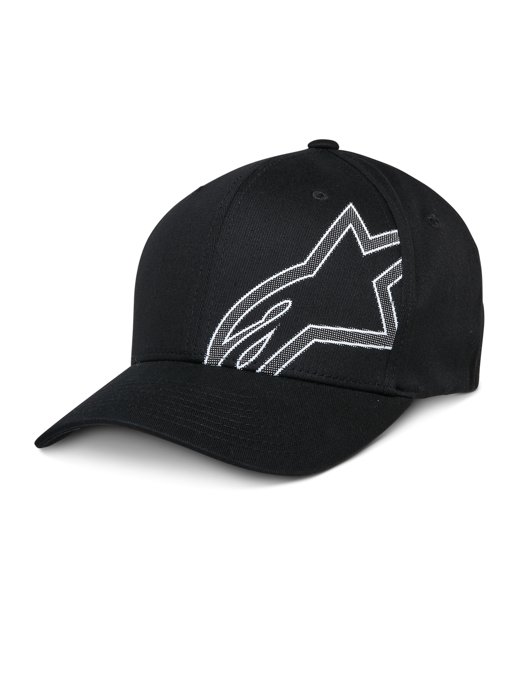 Alpinestars Share Hat, zwarte baseballcap, wit omlijnd Astars-logo, gebogen klep, gestructureerde kroon, casual sportkleding