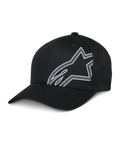 Alpinestars Share Hat, zwarte baseballcap, wit omlijnd Astars-logo, gebogen klep, gestructureerde kroon, casual sportkleding