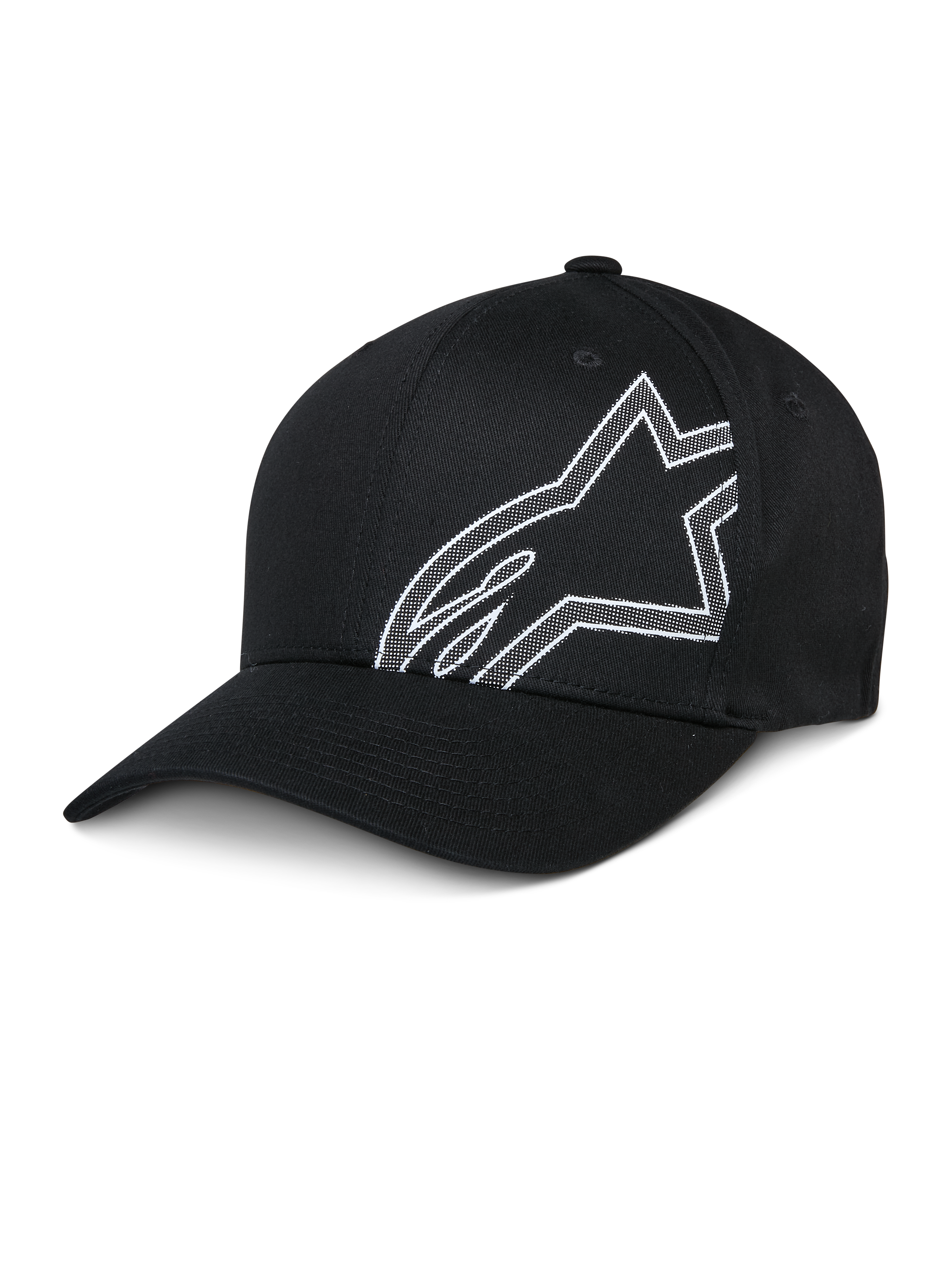 Alpinestars Share Hat, zwarte baseballcap, wit omlijnd Astars-logo, gebogen klep, gestructureerde kroon, casual sportkleding