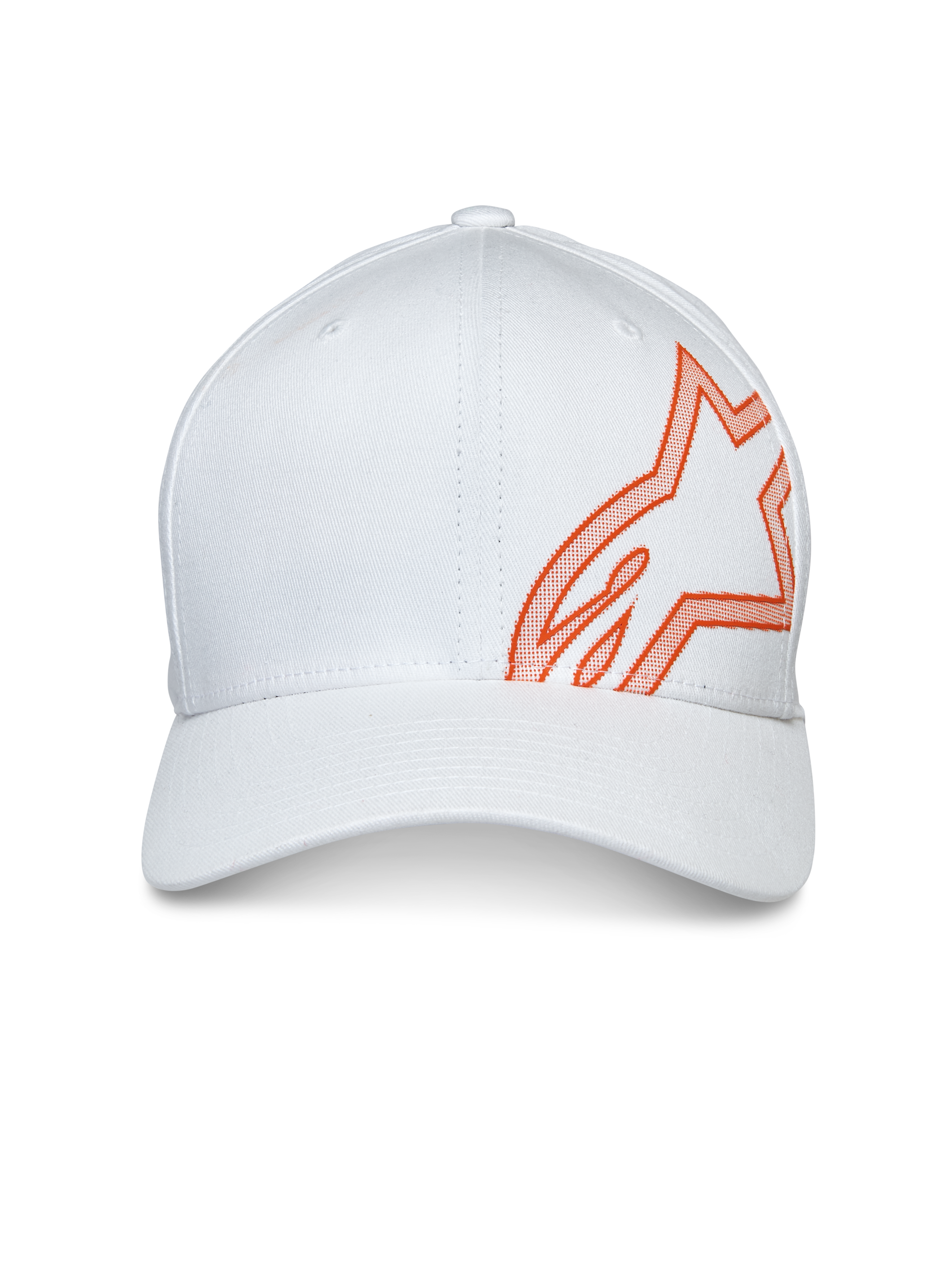 Alpinestars Share pet, witte baseballcap met een groot oranje HD puff print Astars-logo op de zijkant, gebogen klep en gestructureerde kroon, casual motorsport hoofdbedekking