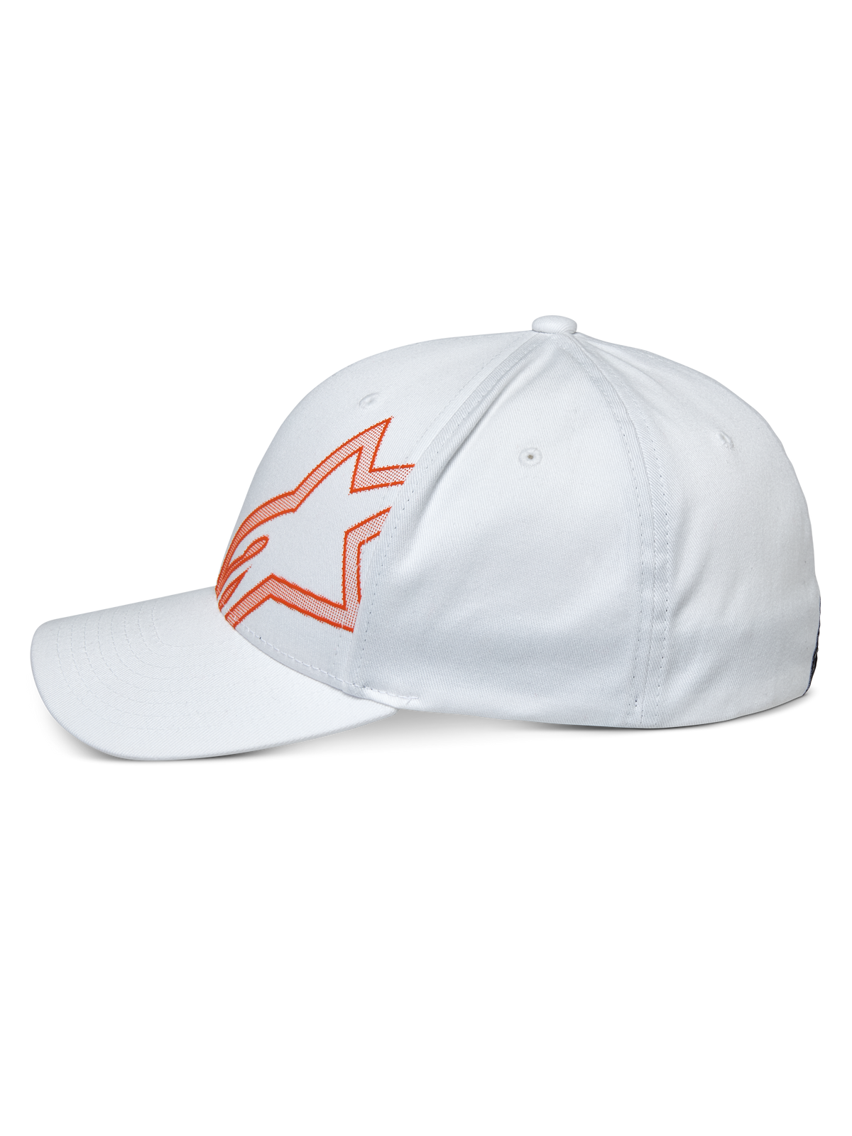 Alpinestars Share pet, witte casual pet, zijaanzicht met oranje omrand Astars-logo, gebogen klep en gestructureerde kroon, motorsport-geïnspireerde streetwear