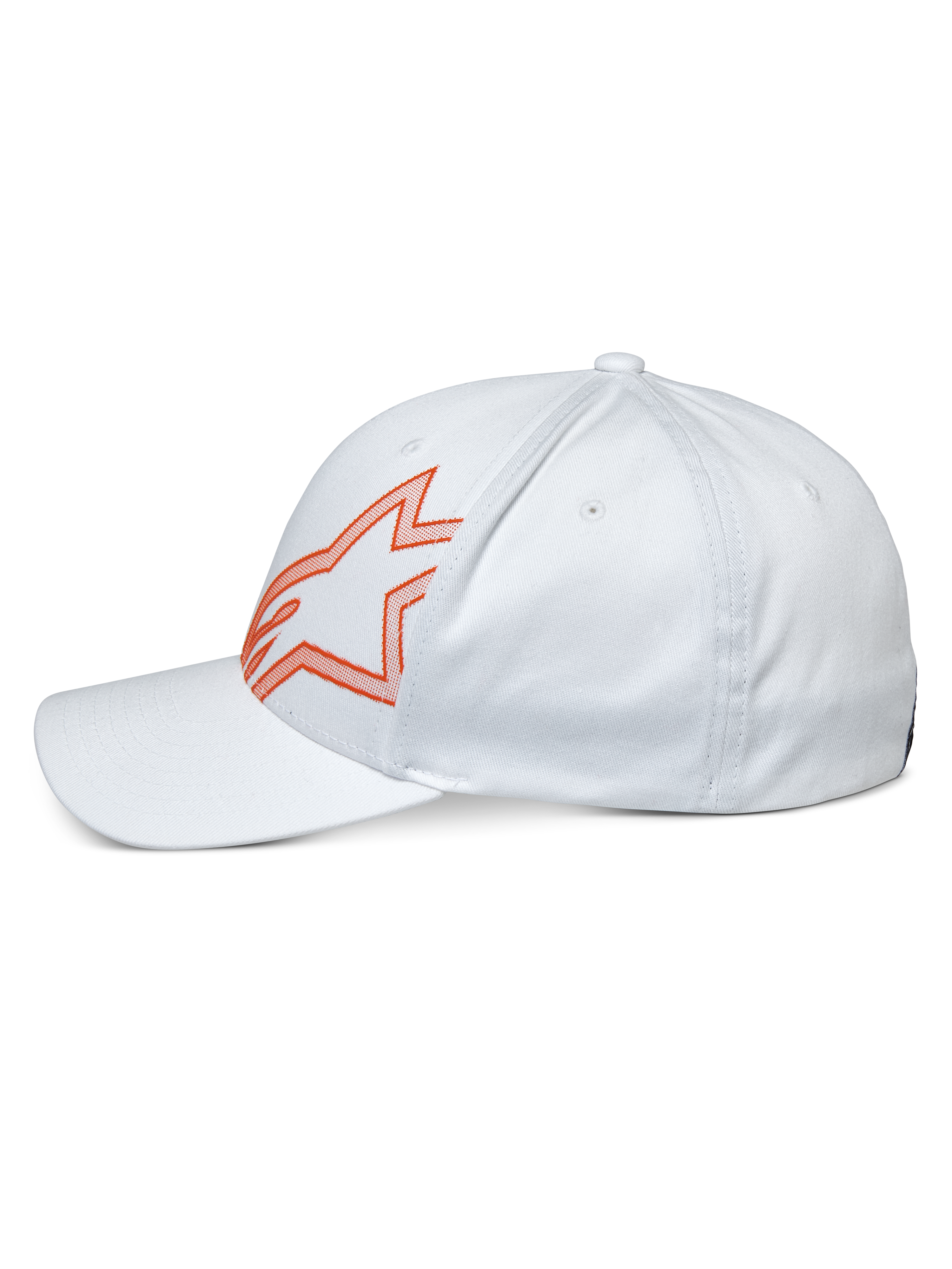 Alpinestars Share pet, witte casual pet, zijaanzicht met oranje omrand Astars-logo, gebogen klep en gestructureerde kroon, motorsport-geïnspireerde streetwear