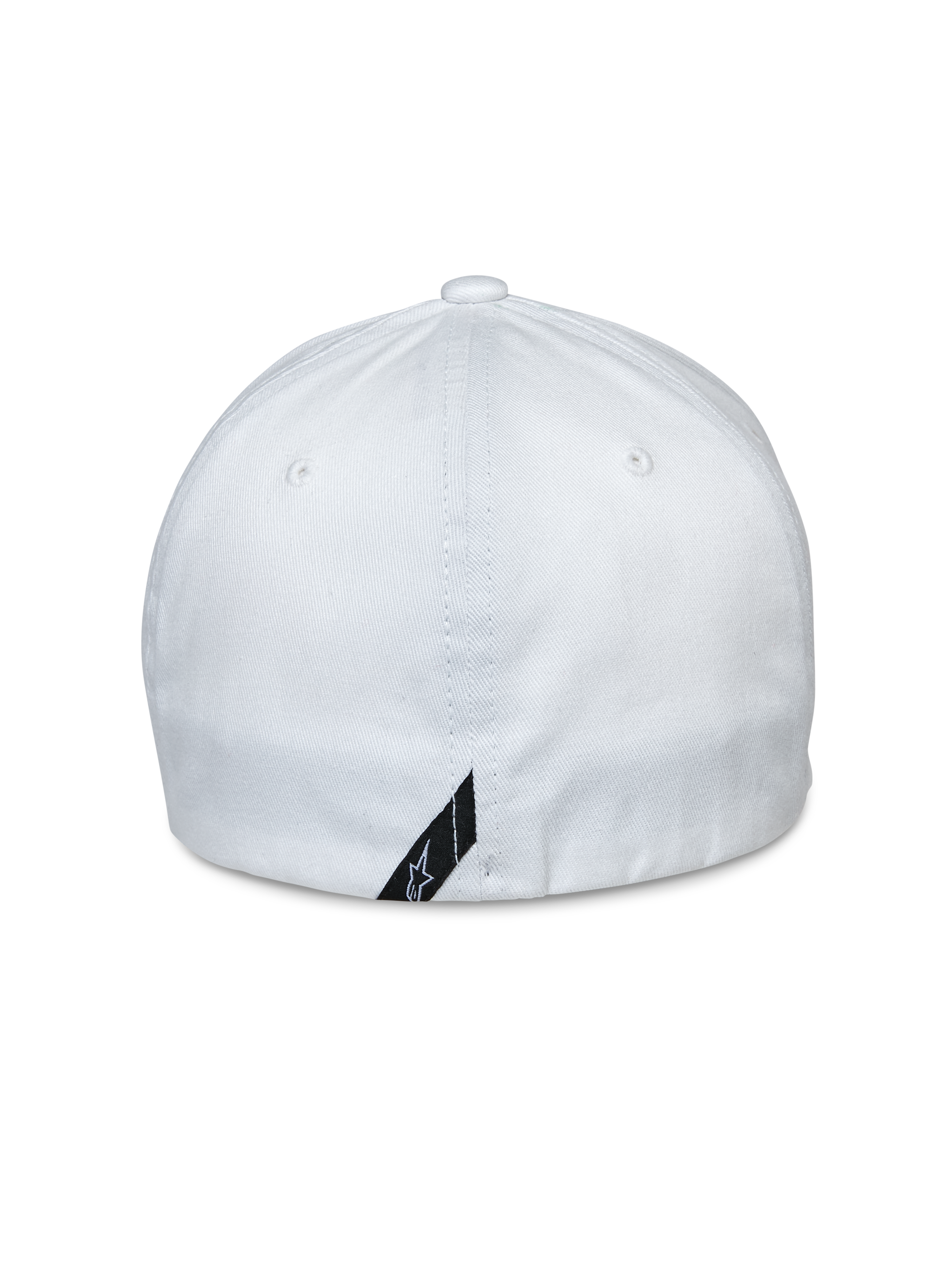 Alpinestars Share Pet, achteraanzicht, witte baseballcap met flexibele achterkant, stretch keperstof, voorzien van een klein zwart logolabel aan de onderrand, casual sportaccessoire