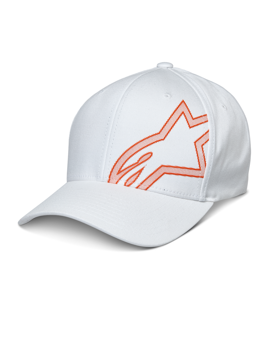 Alpinestars Share pet, witte baseballcap met oranje HD puff print Astars logo, gebogen klep en gestructureerde kroon, casual motorsport sportkleding