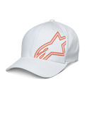 Alpinestars Share pet, witte baseballcap met oranje HD puff print Astars logo, gebogen klep en gestructureerde kroon, casual motorsport sportkleding