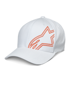 Alpinestars Share pet, witte baseballcap met oranje HD puff print Astars logo, gebogen klep en gestructureerde kroon, casual motorsport sportkleding