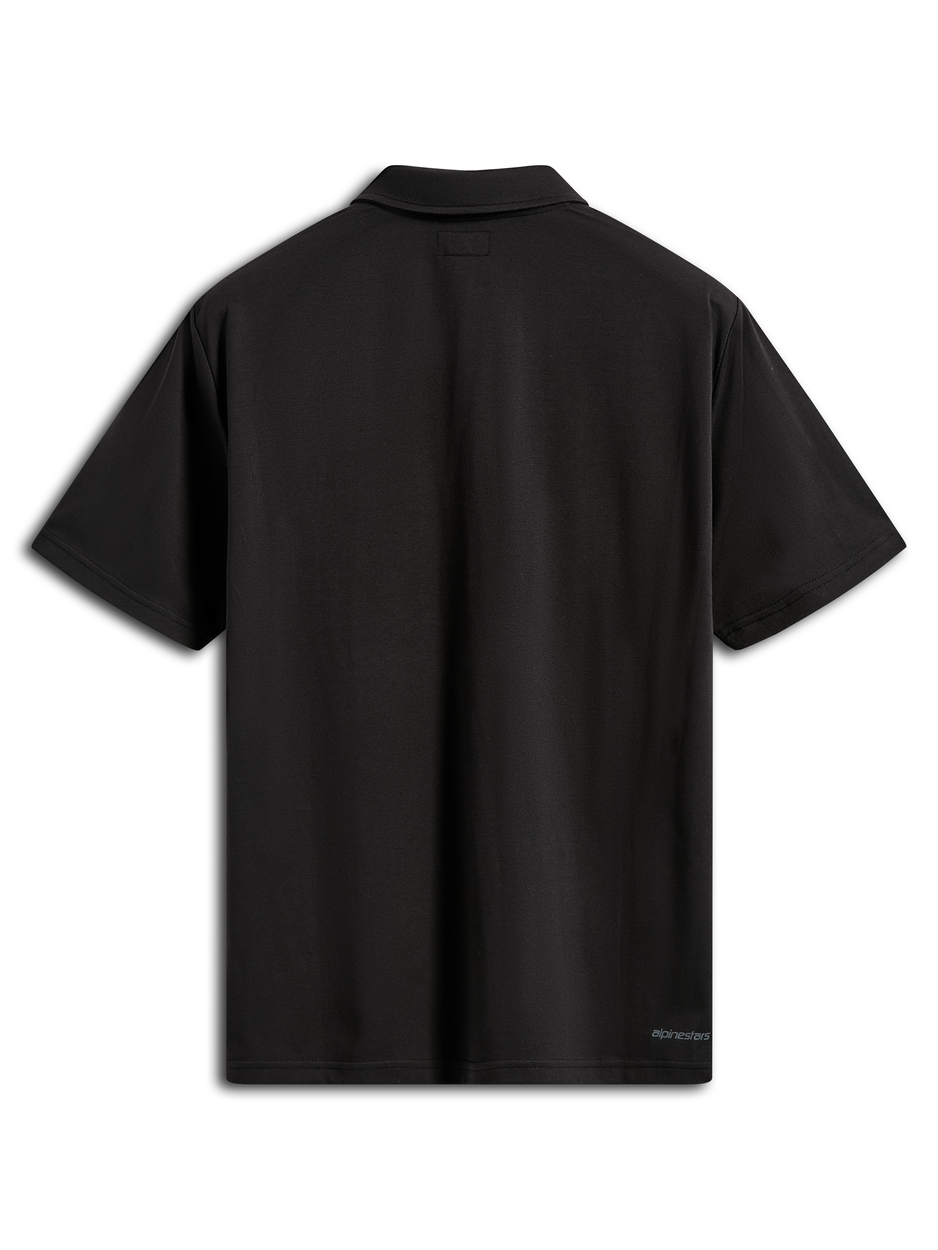 Alpinestars Impetus Sport Polo, polo met korte mouwen, zwart, achteraanzicht met zelfkraag en klein Alpinestars-logo op de onderste zoom, casual mock-mesh sportkleding