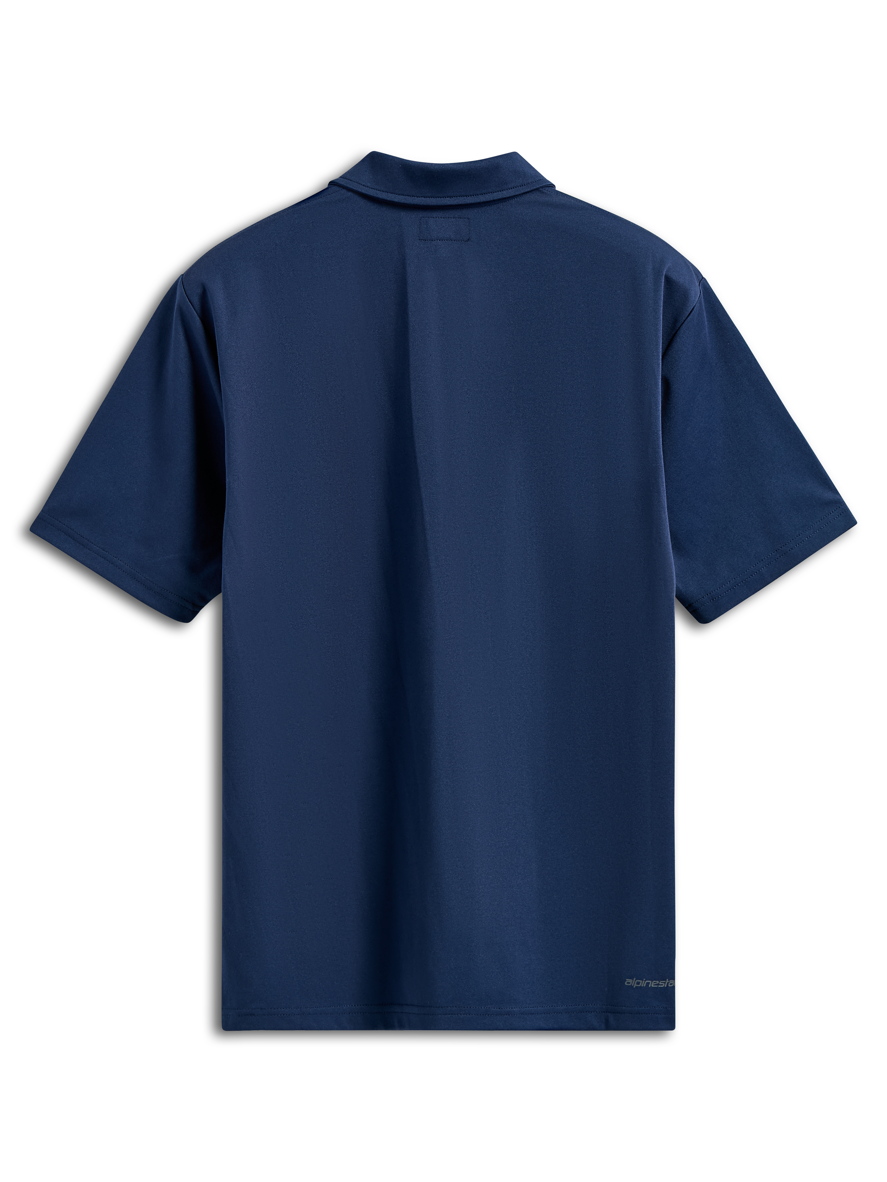 Alpinestars Impetus Sport Polo, Kurzarm-Poloshirt, Marineblau, Rückansicht mit Selbstkragen und kleinem Schriftzug-Logo am unteren rechten Saum, lässige Motorsport-Streetwear