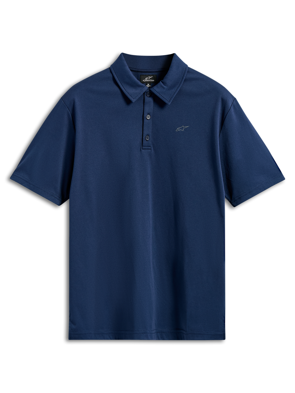 Alpinestars Impetus Sport Polo, kurzärmeliges Poloshirt, Navyblau, Mock-Mesh-Gewebe mit 3-Knopf-Leiste und kleinem grauen Astars-Logo auf der Brust, lässige Motorsport-Sportbekleidung