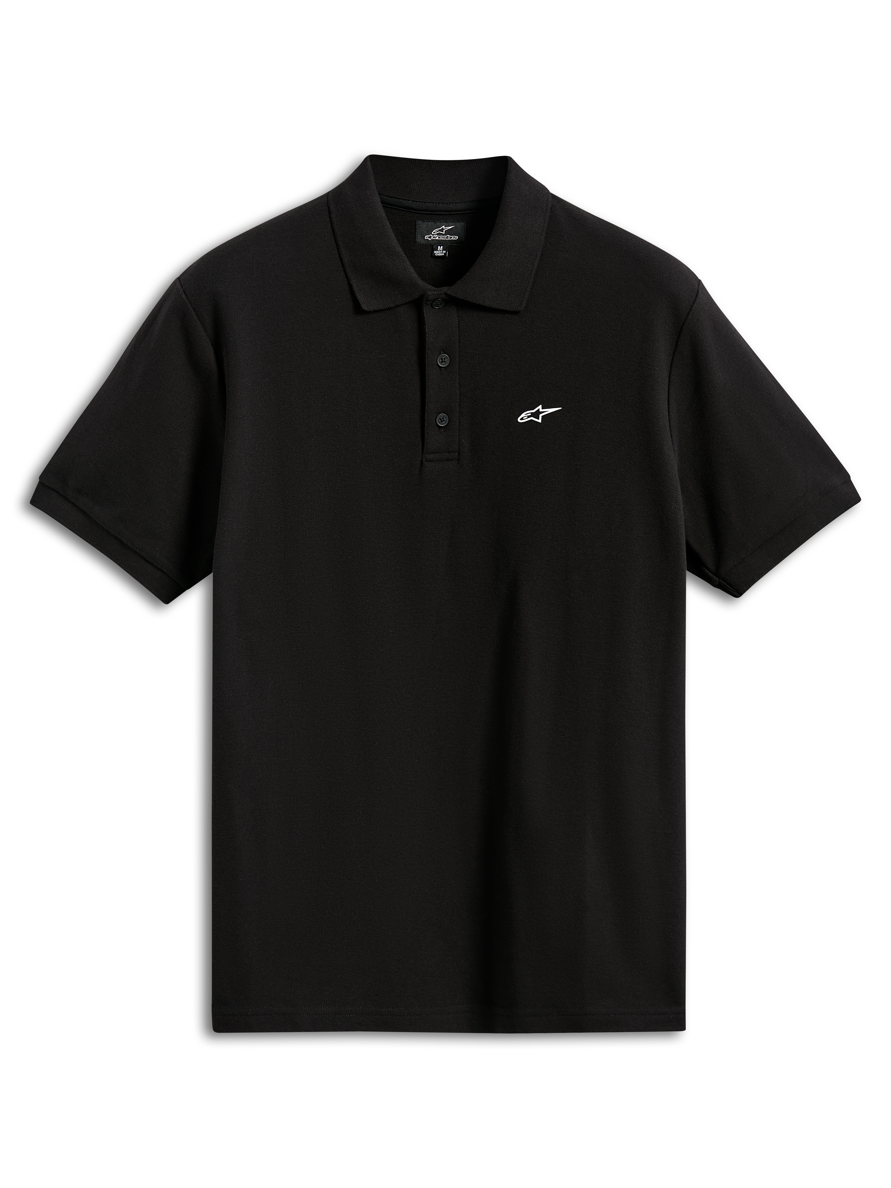 Alpinestars Endeavor Classic Polo, piqué poloshirt met korte mouwen, zwart, voorzien van een klein wit Astars-logo op de borst, sluiting met drie knopen en geribde kraag en manchetten, casual sportkleding