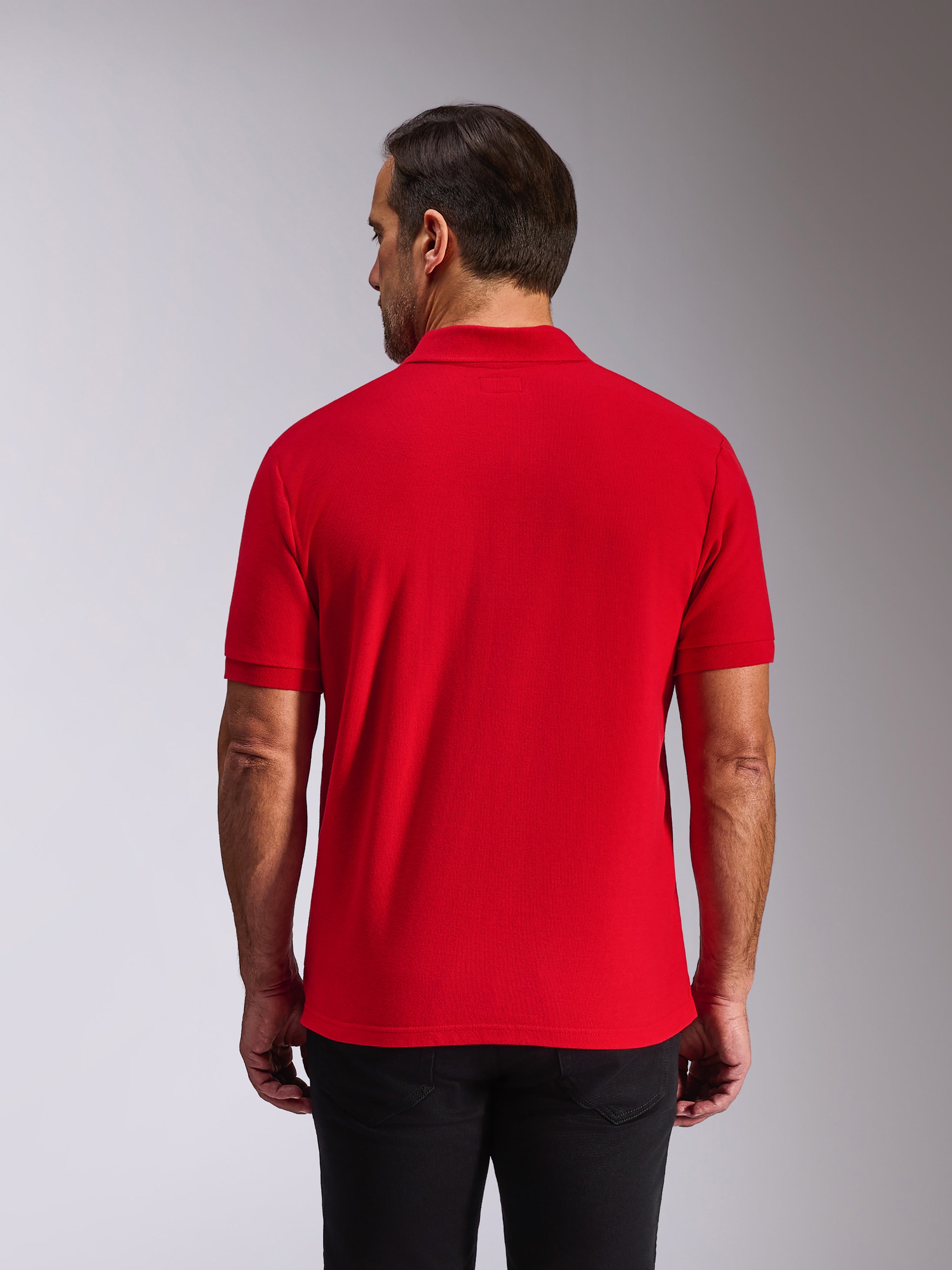 Alpinestars Endeavor Classic Polo, poloshirt met korte mouwen, rood, achteraanzicht op model, met geribde kraag en manchetten, casual motorsport-geïnspireerde streetwear
