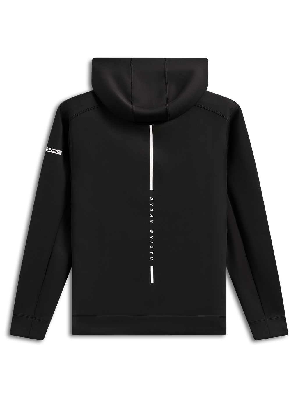 Alpinestars Insight Hoodie, achteraanzicht, zwarte fleece pullover hoodie, verticale witte streep met 'RACING AHEAD' tekst, Alpinestars woordlogo op de mouw, casual motorsport-geïnspireerde streetwear