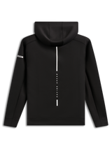 Alpinestars Insight Hoodie, achteraanzicht, zwarte fleece pullover hoodie, verticale witte streep met 'RACING AHEAD' tekst, Alpinestars woordlogo op de mouw, casual motorsport-geïnspireerde streetwear