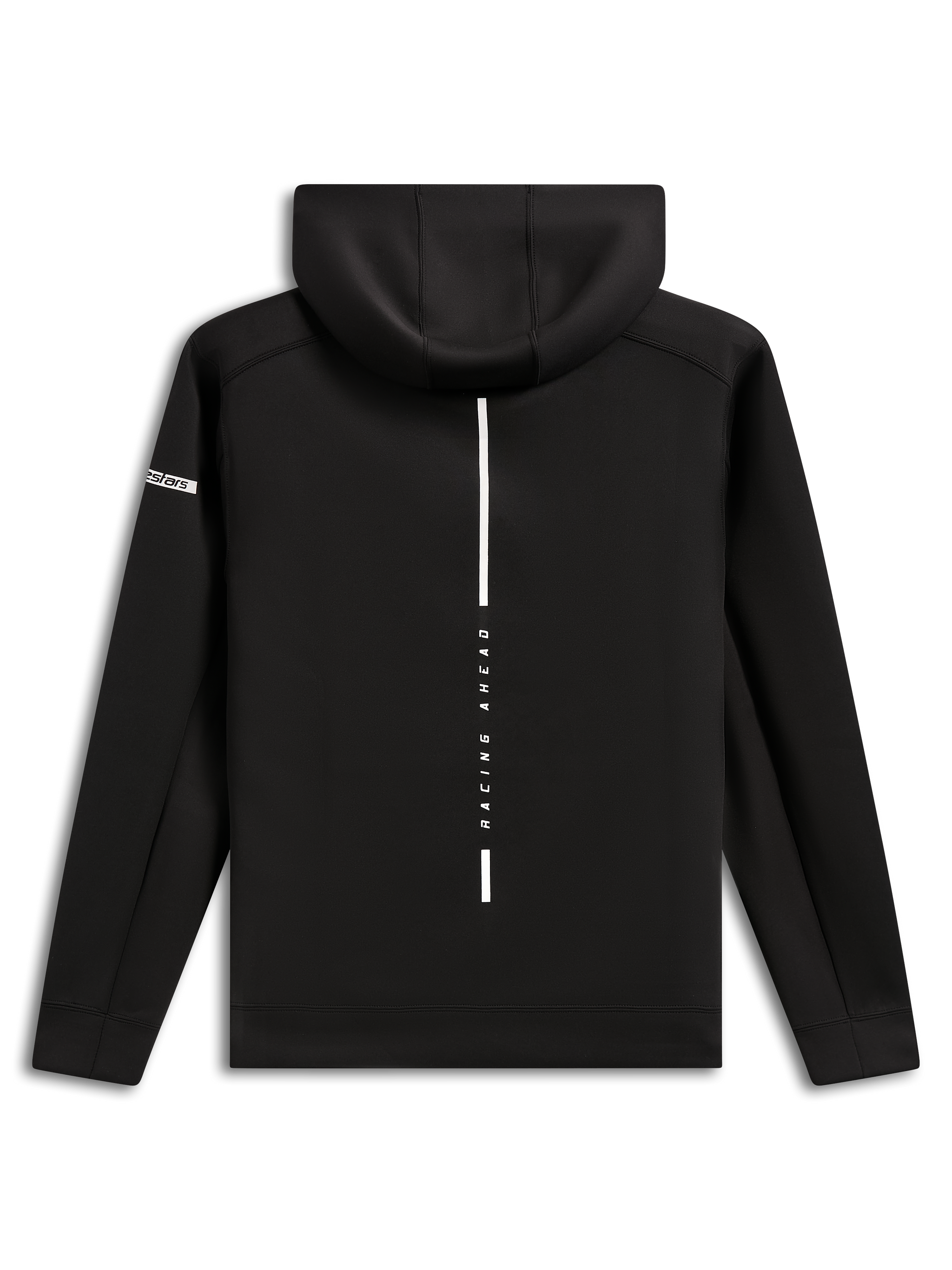 Alpinestars Insight Hoodie, achteraanzicht, zwarte fleece pullover hoodie, verticale witte streep met 'RACING AHEAD' tekst, Alpinestars woordlogo op de mouw, casual motorsport-geïnspireerde streetwear