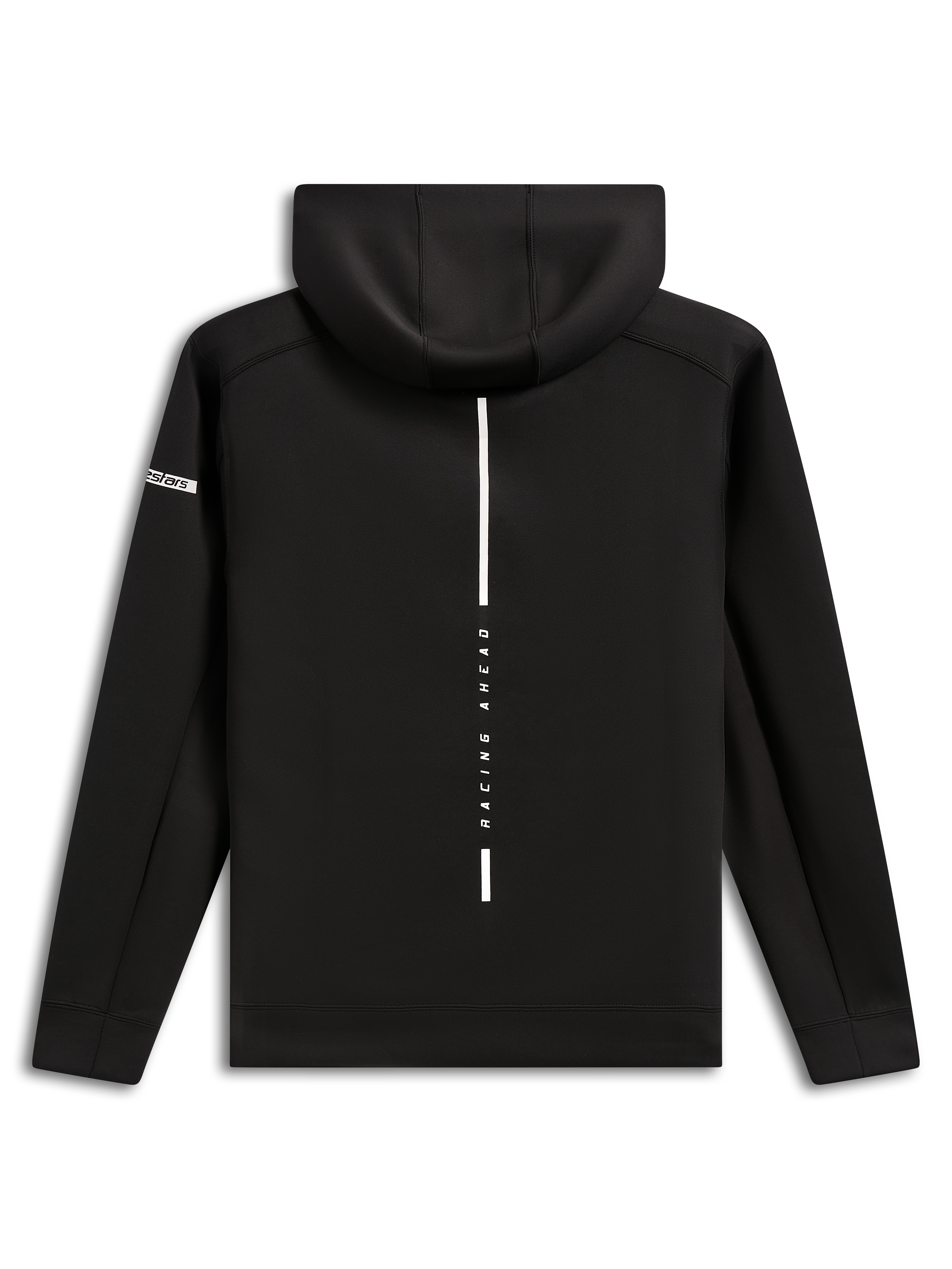 Alpinestars Insight Hoodie, achteraanzicht, zwarte fleece pullover hoodie, verticale witte streep met 'RACING AHEAD' tekst, Alpinestars woordlogo op de mouw, casual motorsport-geïnspireerde streetwear