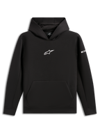 Alpinestars Insight Hoodie, zwarte pullover sweatshirt, wit Astars-logo op de borst, kangoeroezak, capuchon met mesh-voering, casual motorsport-geïnspireerde streetwear
