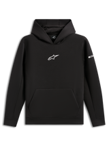 Alpinestars Insight Hoodie, zwarte pullover sweatshirt, wit Astars-logo op de borst, kangoeroezak, capuchon met mesh-voering, casual motorsport-geïnspireerde streetwear