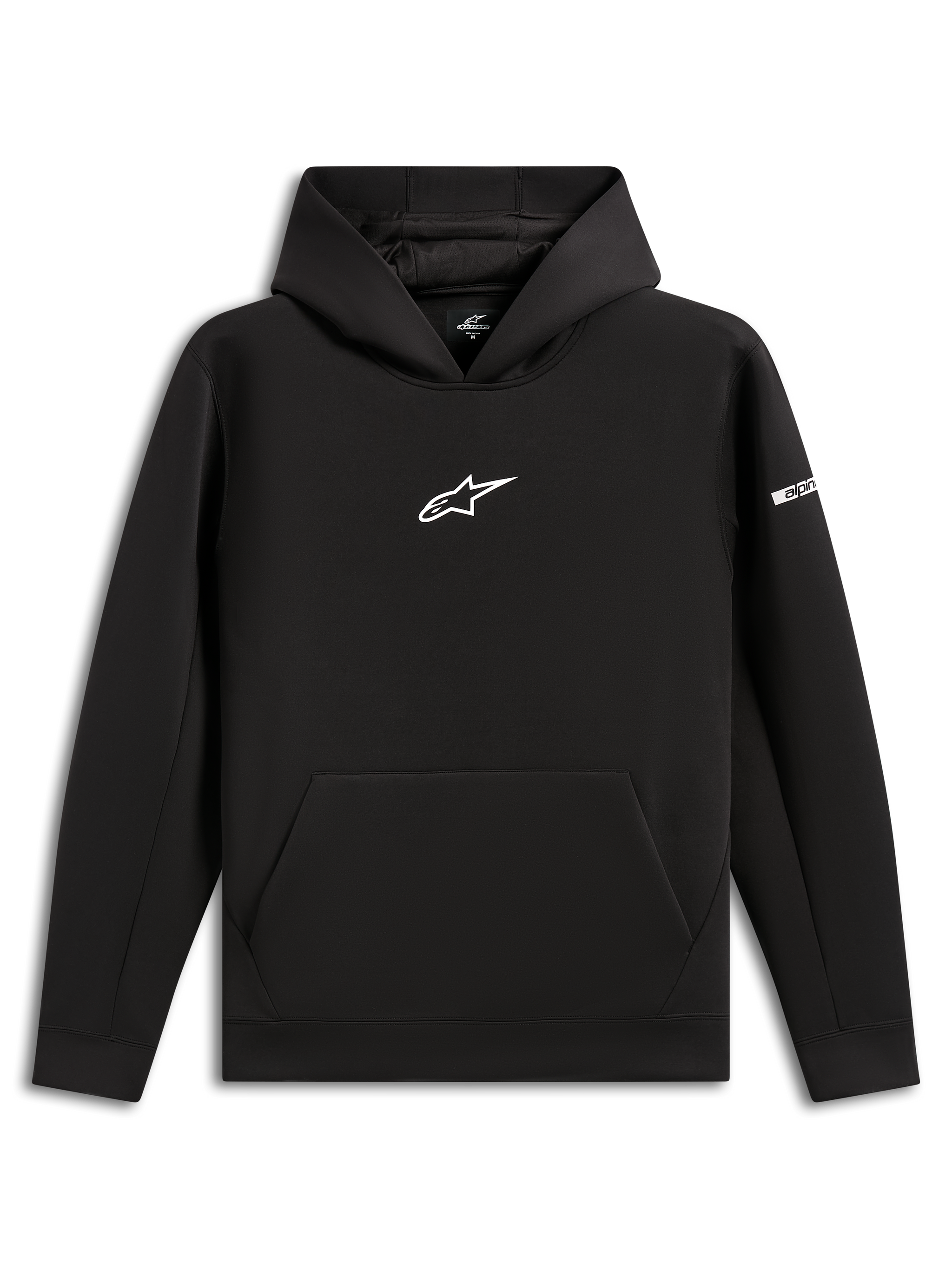 Alpinestars Insight Hoodie, zwarte pullover sweatshirt, wit Astars-logo op de borst, kangoeroezak, capuchon met mesh-voering, casual motorsport-geïnspireerde streetwear