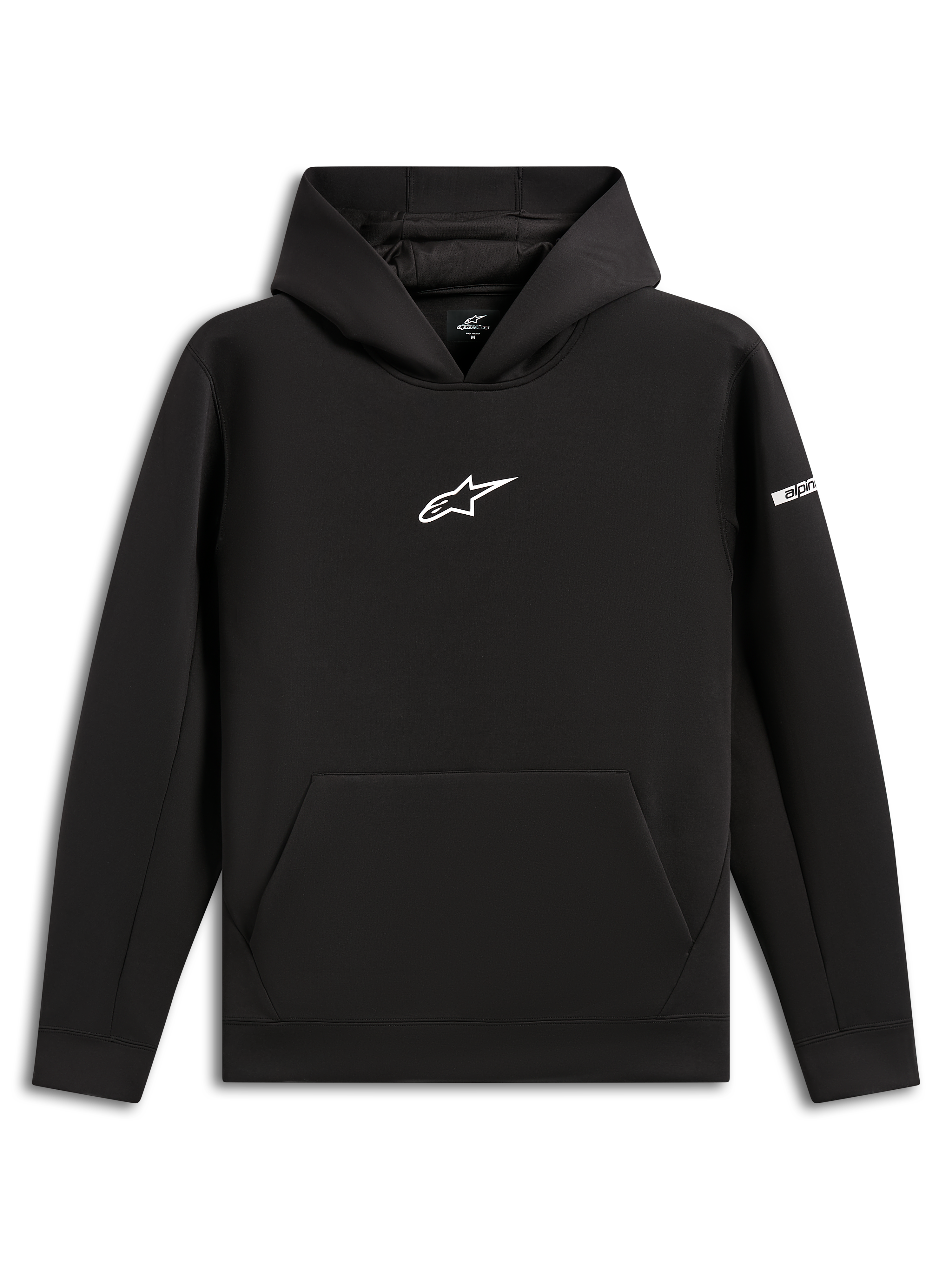 Alpinestars Insight Hoodie, zwarte pullover sweatshirt, wit Astars-logo op de borst, kangoeroezak, capuchon met mesh-voering, casual motorsport-geïnspireerde streetwear