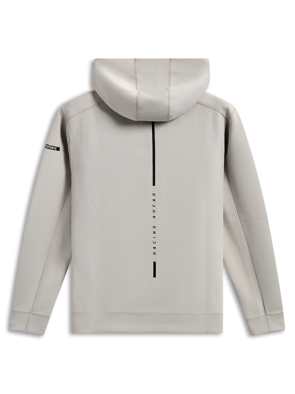Alpinestars Insight Hoodie, achteraanzicht van cementgrijze pullover, voorzien van een verticale zwarte streep met 'RACING AHEAD' tekst, klein Astars-logo op de mouw, gladde tri-blend dubbelzijdige fleece, casual motorsport streetwear