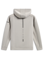 Alpinestars Insight Hoodie, achteraanzicht van cementgrijze pullover, voorzien van een verticale zwarte streep met 'RACING AHEAD' tekst, klein Astars-logo op de mouw, gladde tri-blend dubbelzijdige fleece, casual motorsport streetwear