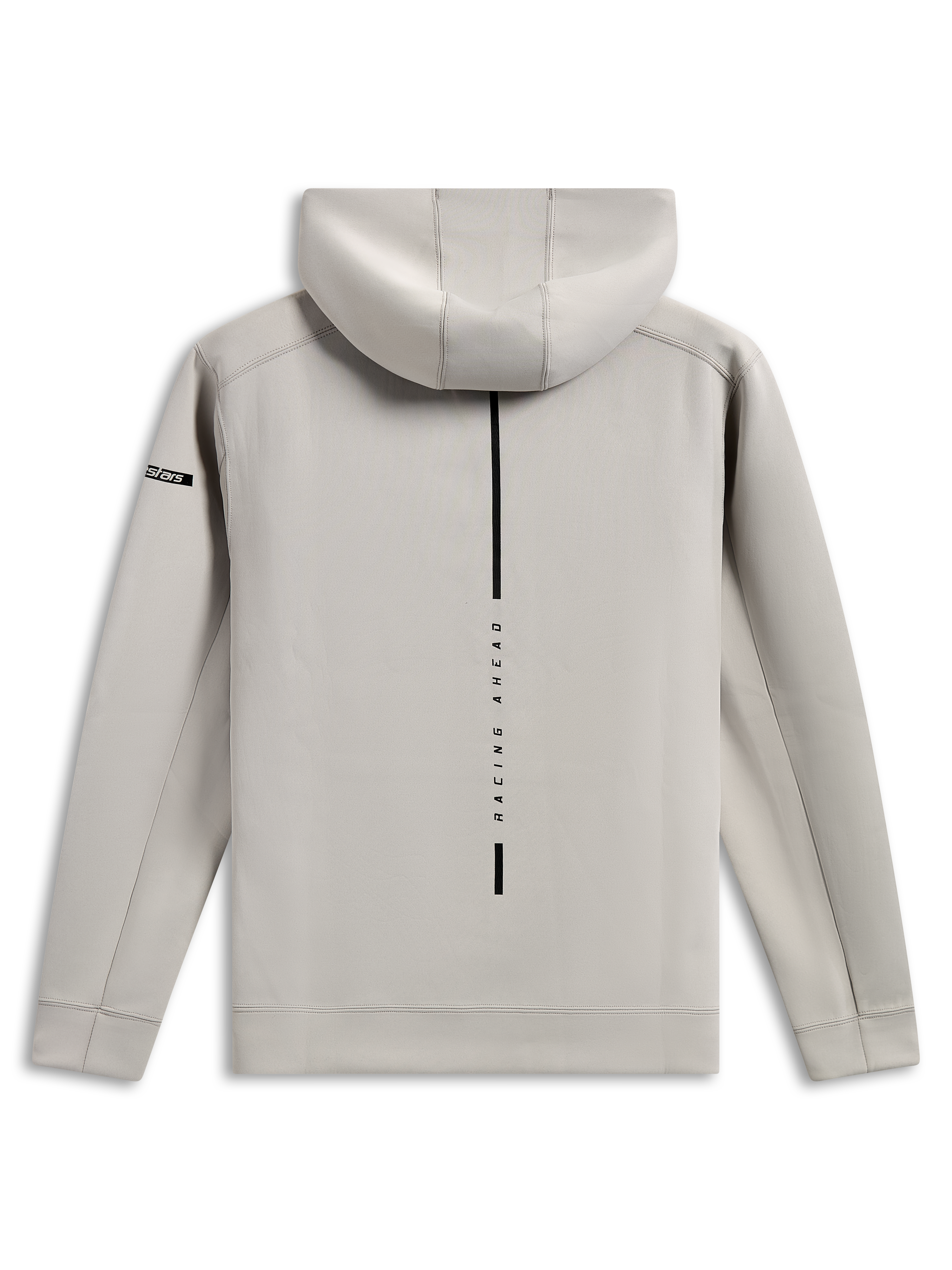 Alpinestars Insight Hoodie, achteraanzicht van cementgrijze pullover, voorzien van een verticale zwarte streep met 'RACING AHEAD' tekst, klein Astars-logo op de mouw, gladde tri-blend dubbelzijdige fleece, casual motorsport streetwear