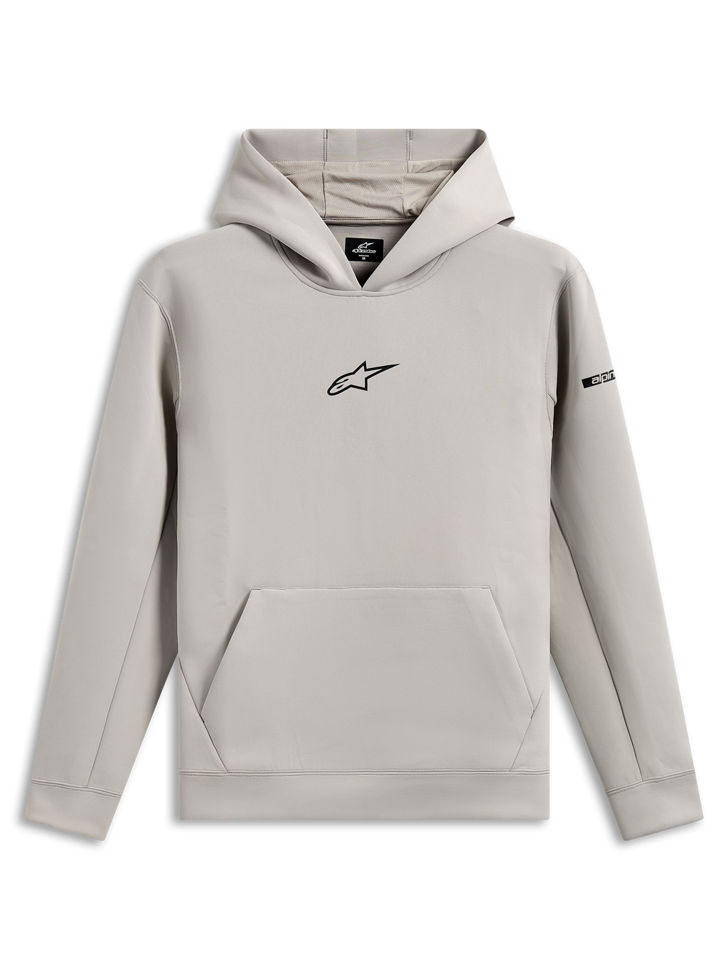 Alpinestars Insight Hoodie, casual sportkleding, Cement grijs met zwart Astars-logo op de borst, kangoeroezak, capuchon met meshvoering, lange mouwen, modern op motorsport geïnspireerd design