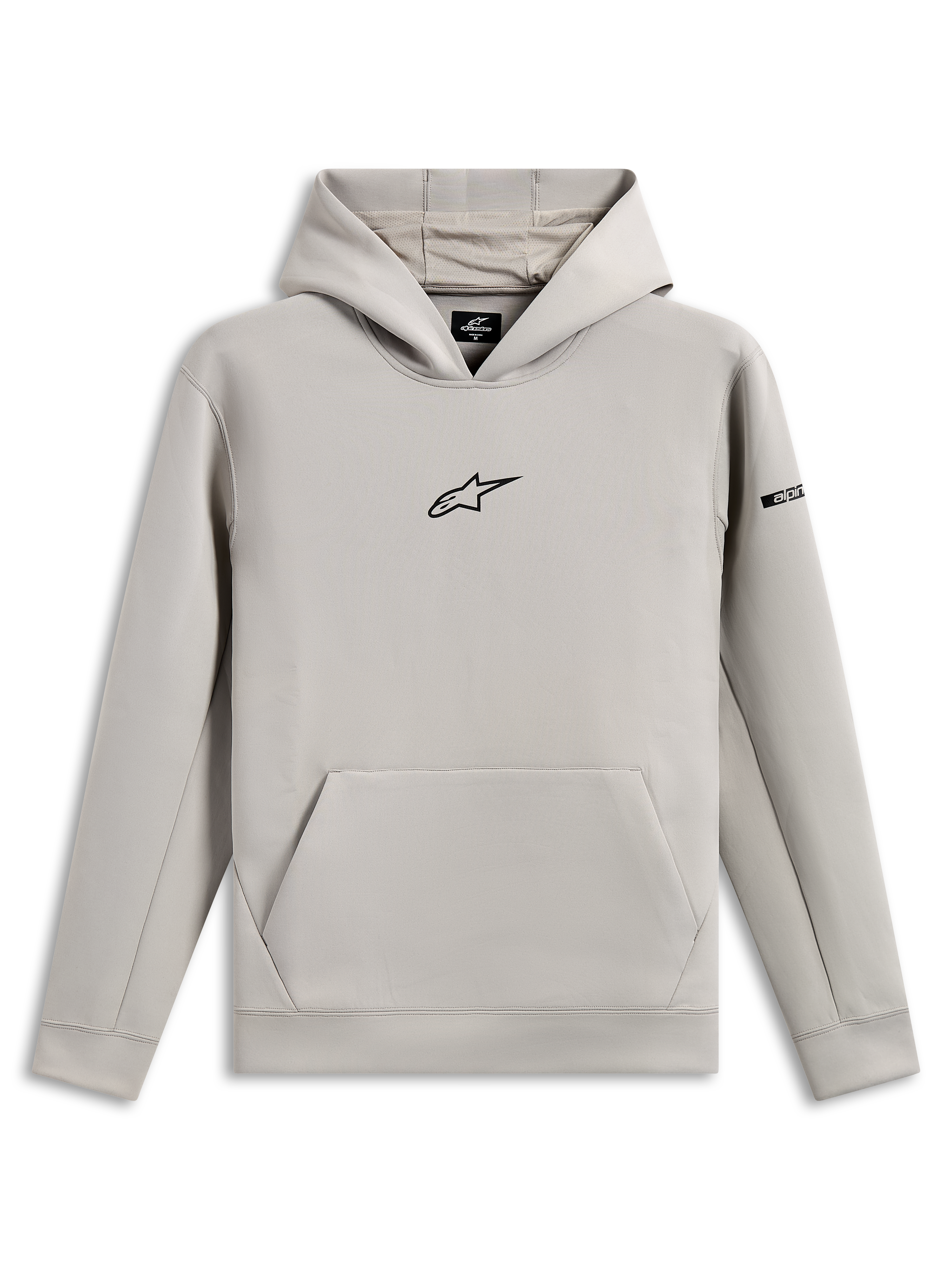 Alpinestars Insight Hoodie, casual sportkleding, Cement grijs met zwart Astars-logo op de borst, kangoeroezak, capuchon met meshvoering, lange mouwen, modern op motorsport geïnspireerd design