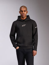 Alpinestars Insight Hoodie, zwarte pullover hoodie, wit Astars-logo op de borst en woordmerk op de mouw, kangoeroezak, tri-blend dubbelzijdige fleece, casual motorsport streetwear