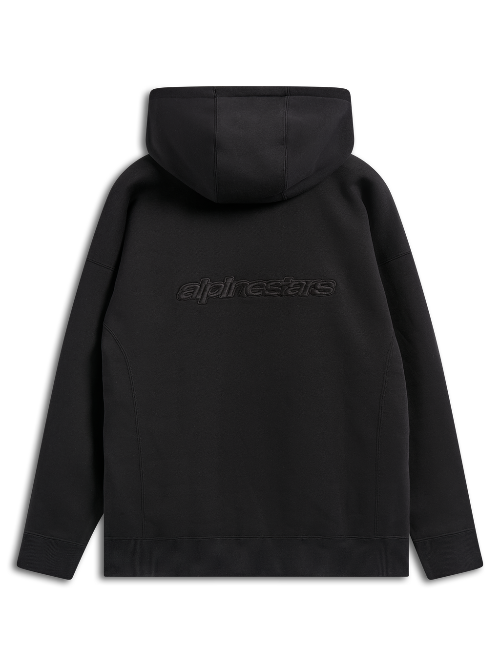 Alpinestars Emergent Oversized Hoodie, zwarte casual streetwear, achteraanzicht met geborduurd Alpinestars-woordlogo, oversized pasvorm met capuchon en geribbelde zoom