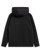 Alpinestars Emergent Oversized Hoodie, zwarte casual streetwear, achteraanzicht met geborduurd Alpinestars-woordlogo, oversized pasvorm met capuchon en geribbelde zoom