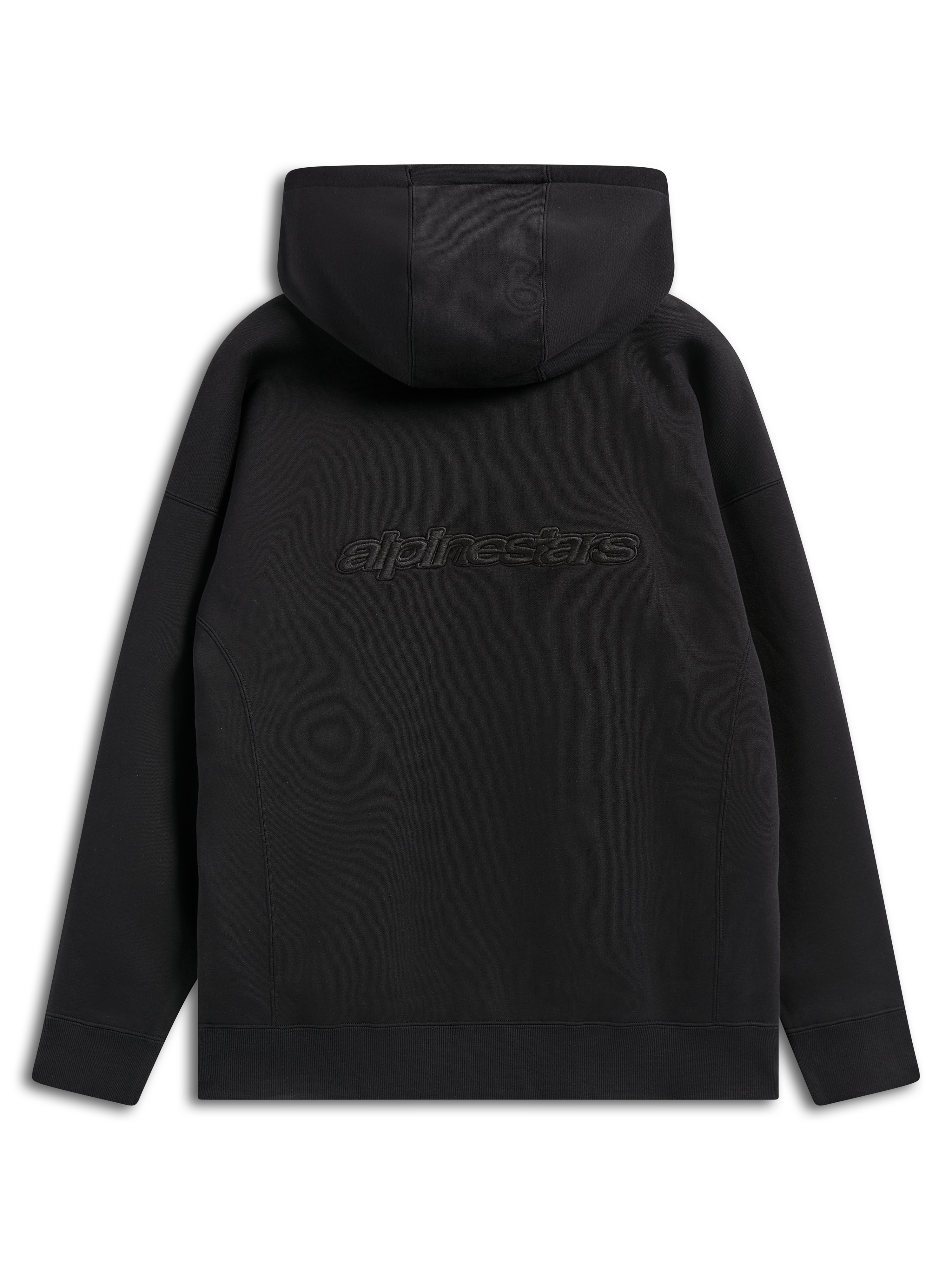 Alpinestars Emergent Oversized Hoodie, zwarte casual streetwear, achteraanzicht met geborduurd Alpinestars-woordlogo, oversized pasvorm met capuchon en geribbelde zoom
