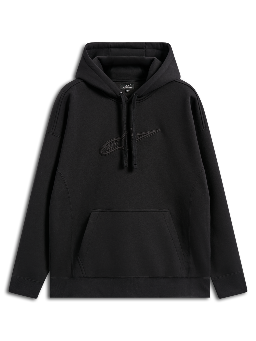 Alpinestars Emergent Oversized Hoodie, casual streetwear, zwart met tonaal geborduurd Astars-logo, oversized pasvorm, capuchon met trekkoord, kangoeroezak, modern op motorsport geïnspireerd ontwerp