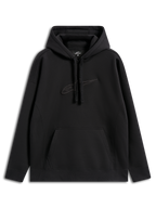 Alpinestars Emergent Oversized Hoodie, casual streetwear, zwart met tonaal geborduurd Astars-logo, oversized pasvorm, capuchon met trekkoord, kangoeroezak, modern op motorsport geïnspireerd ontwerp