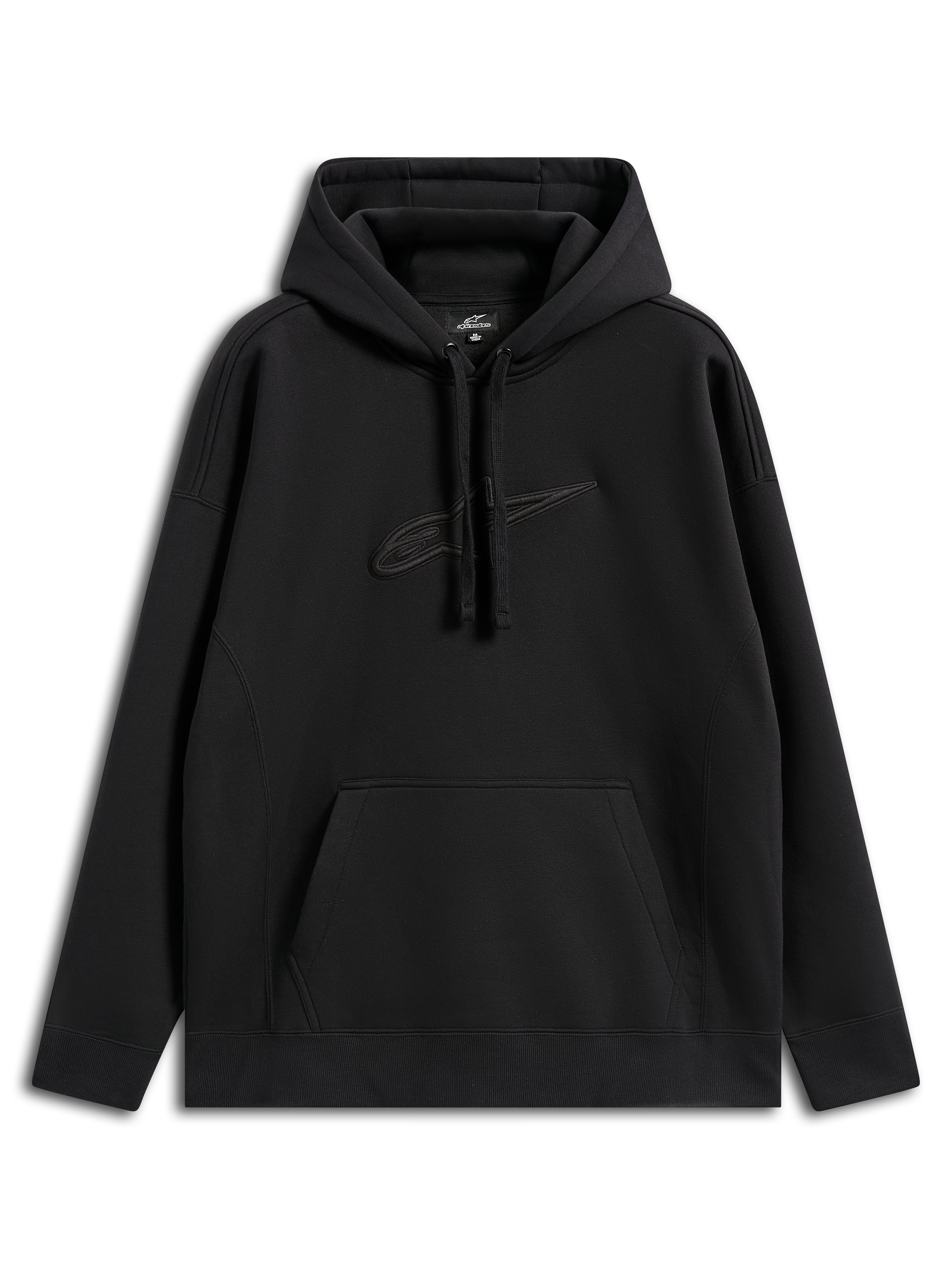 Alpinestars Emergent Oversized Hoodie, casual streetwear, zwart met tonaal geborduurd Astars-logo, oversized pasvorm, capuchon met trekkoord, kangoeroezak, modern op motorsport geïnspireerd ontwerp