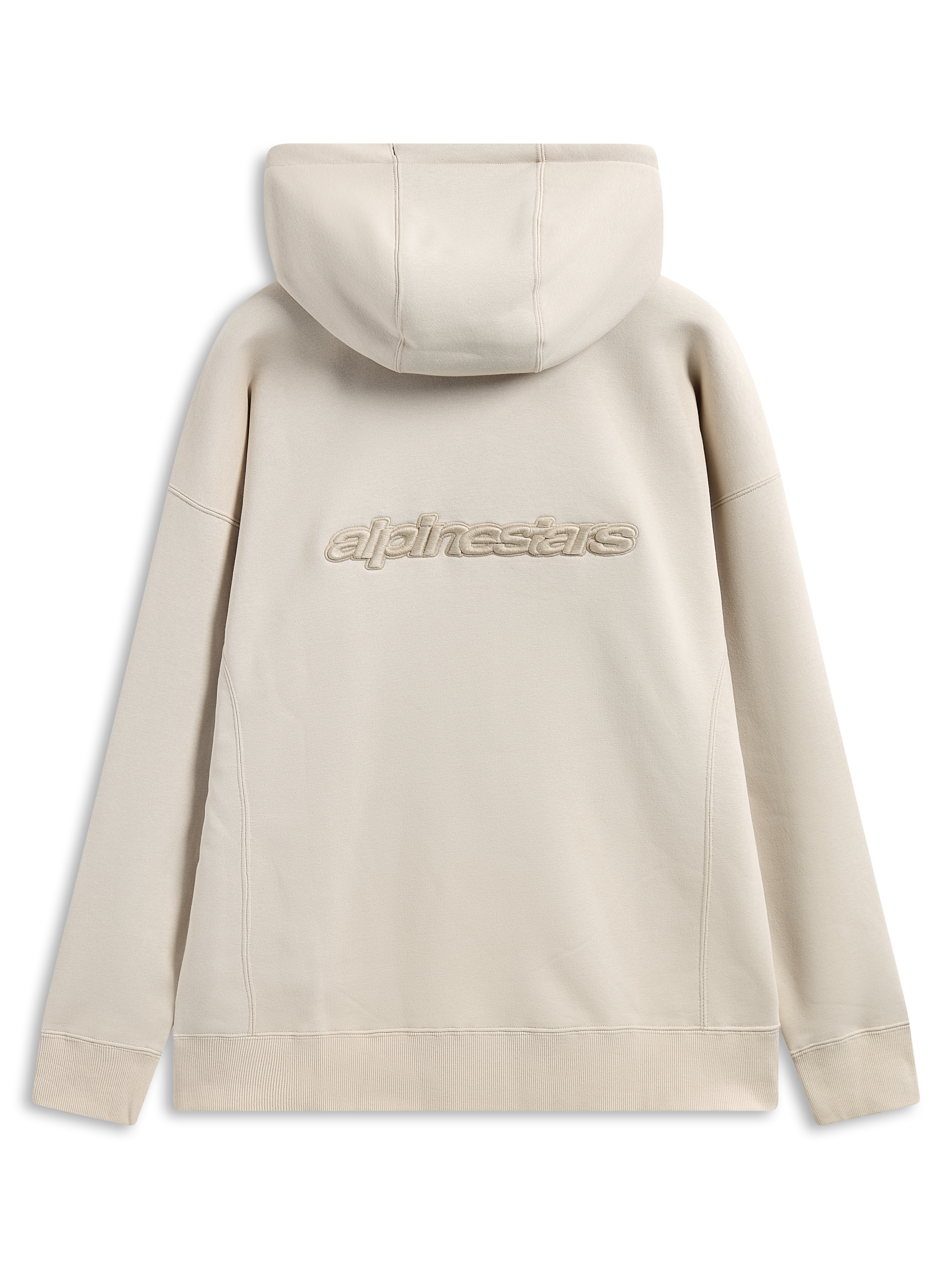 Alpinestars Emergent Oversized Hoodie, achteraanzicht, Sand, 3D geborduurd Alpinestars woordlogo midden op de rug, oversized pasvorm met geribbelde manchetten en zoom, casual streetwear
