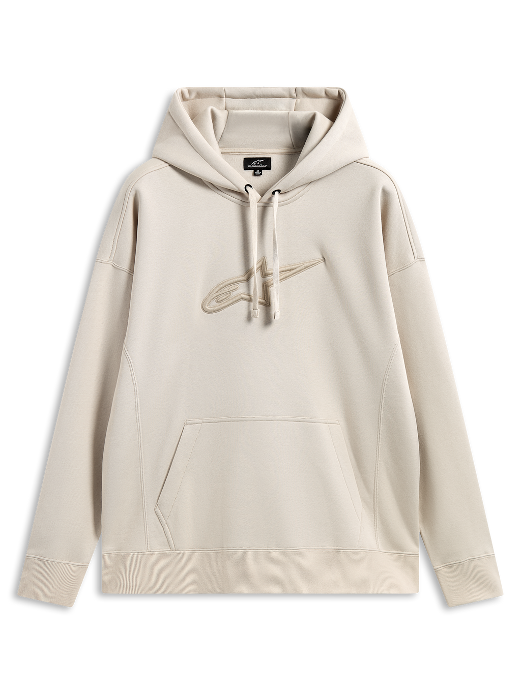 Alpinestars Emergent Oversized Hoodie, casual motorsport streetwear, zandkleur met tonaal 3D-geborduurd Astars-logo, capuchon met trekkoord, kangoeroezak, relaxte oversized pasvorm