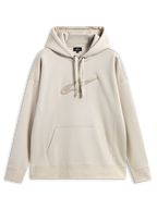 Alpinestars Emergent Oversized Hoodie, casual motorsport streetwear, zandkleur met tonaal 3D-geborduurd Astars-logo, capuchon met trekkoord, kangoeroezak, relaxte oversized pasvorm