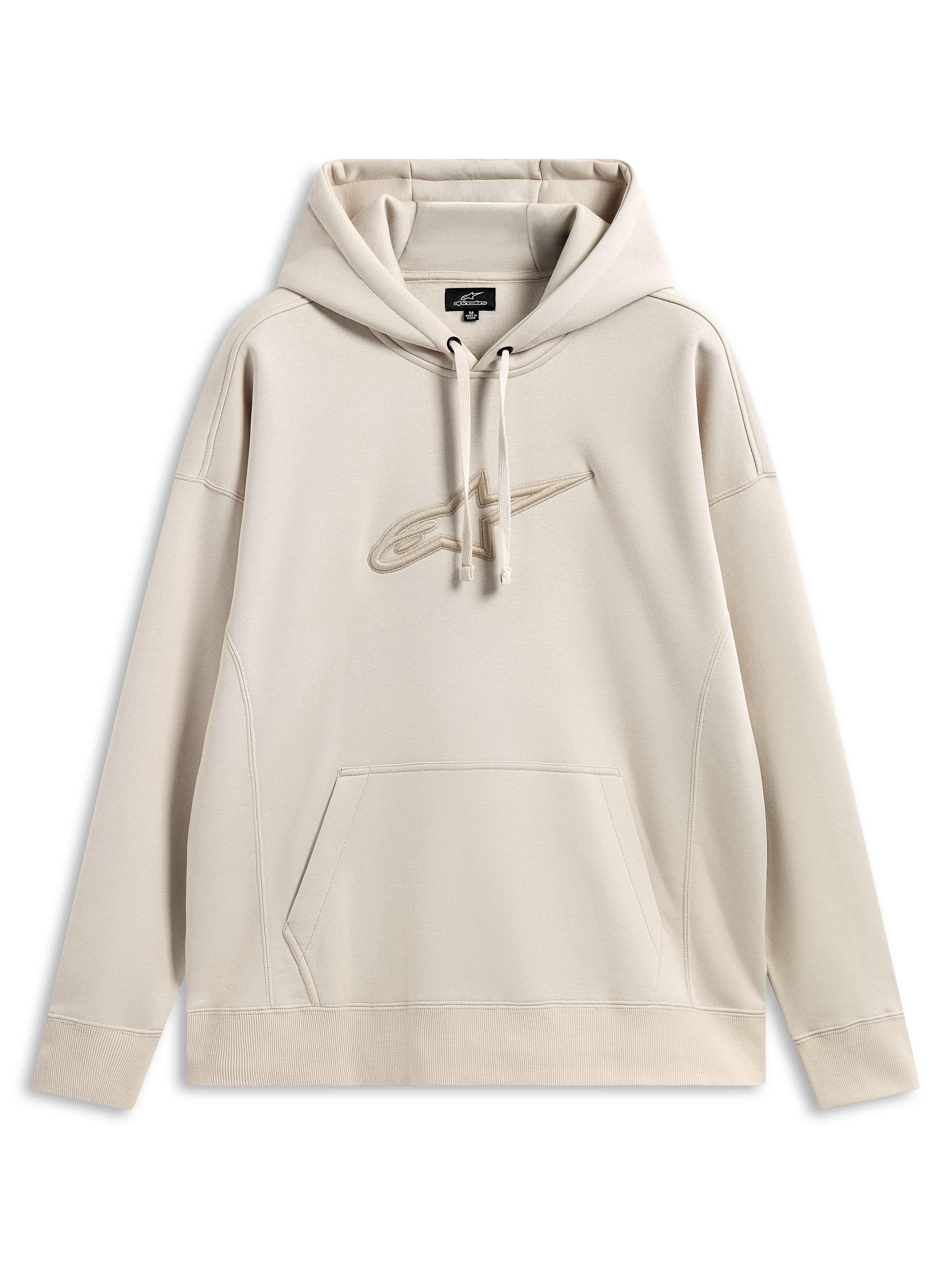 Alpinestars Emergent Oversized Hoodie, casual motorsport streetwear, zandkleur met tonaal 3D-geborduurd Astars-logo, capuchon met trekkoord, kangoeroezak, relaxte oversized pasvorm