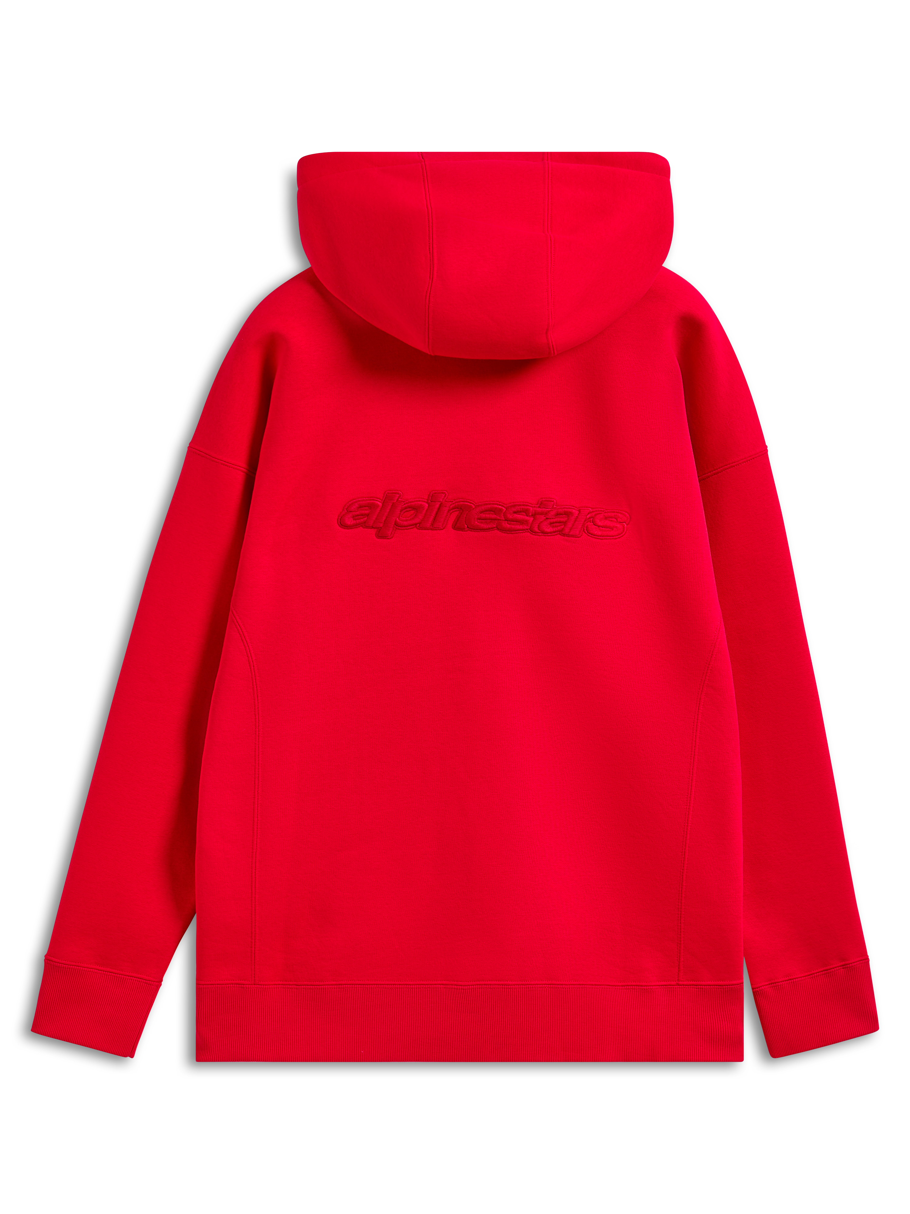 Alpinestars Emergent Oversized Hoodie, rode hoodie, achteraanzicht met tonaal geborduurd Alpinestars-woordlogo op de rug, oversized pasvorm met geribbelde manchetten en zoom, casual motorsport streetwear