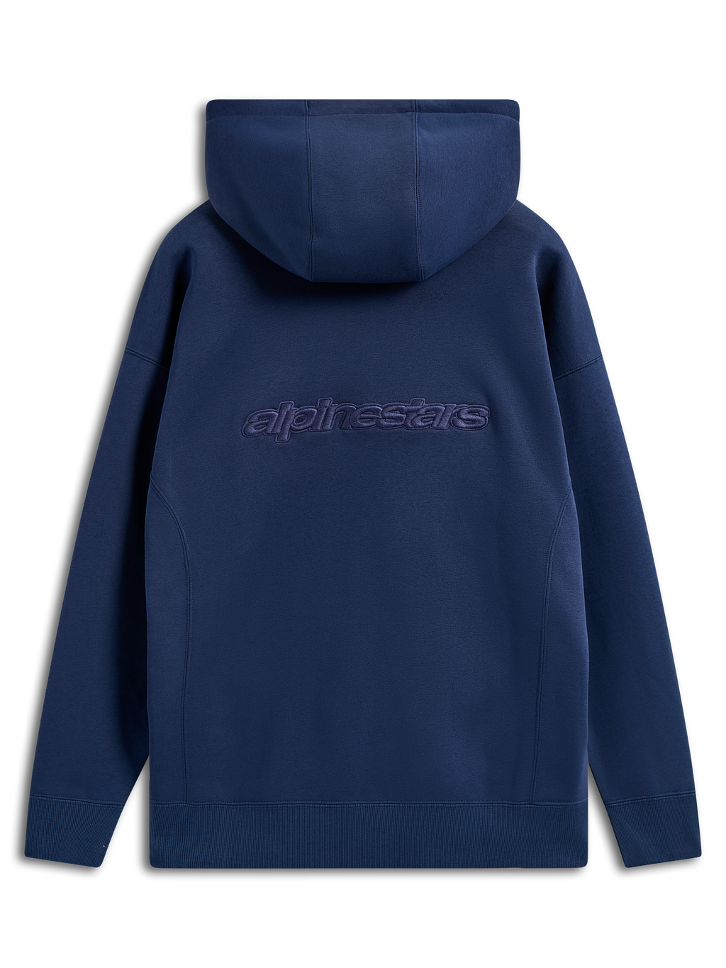 Alpinestars Emergent Oversized Hoodie, donkerblauw, achteraanzicht met geborduurd Alpinestars-woordlogo, oversized pullover fleece, casual streetwear met capuchon met trekkoord en geribbelde manchetten