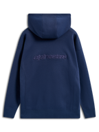 Alpinestars Emergent Oversized Hoodie, donkerblauw, achteraanzicht met geborduurd Alpinestars-woordlogo, oversized pullover fleece, casual streetwear met capuchon met trekkoord en geribbelde manchetten