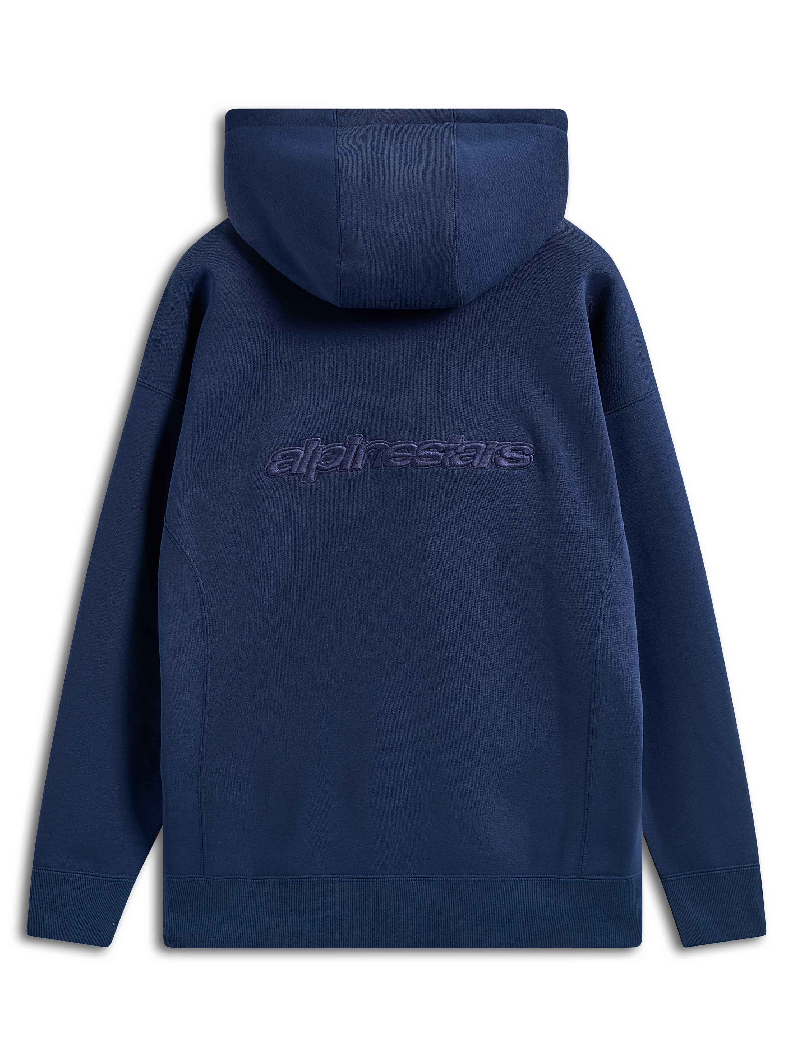 Alpinestars Emergent Oversized Hoodie, donkerblauw, achteraanzicht met geborduurd Alpinestars-woordlogo, oversized pullover fleece, casual streetwear met capuchon met trekkoord en geribbelde manchetten