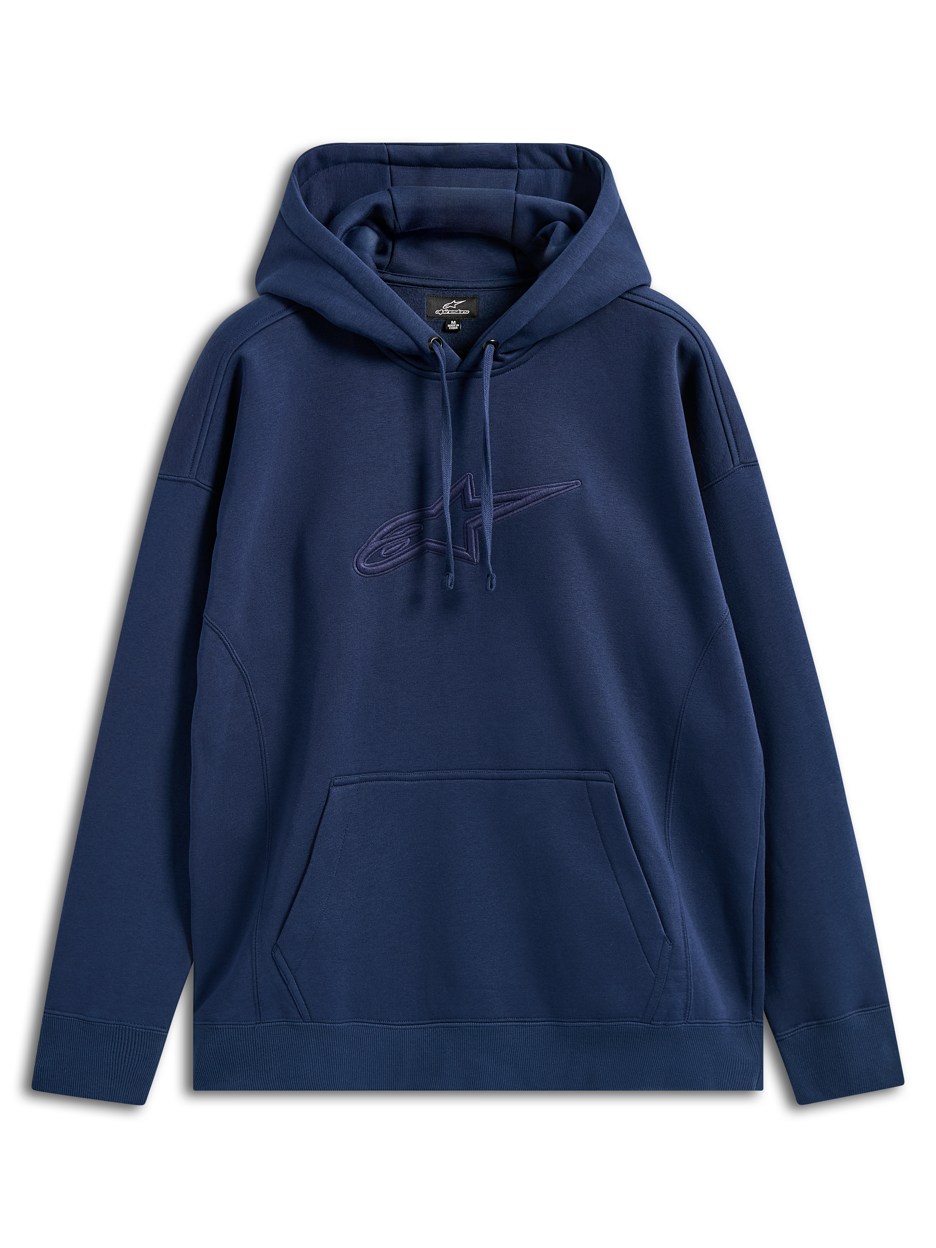 Alpinestars Emergent Oversized Hoodie, navyblauw, pullover fleece met tonaal 3D-geborduurd Astars-logo op de borst, kangoeroezak, capuchon met trekkoord, relaxte pasvorm voor casual streetwear