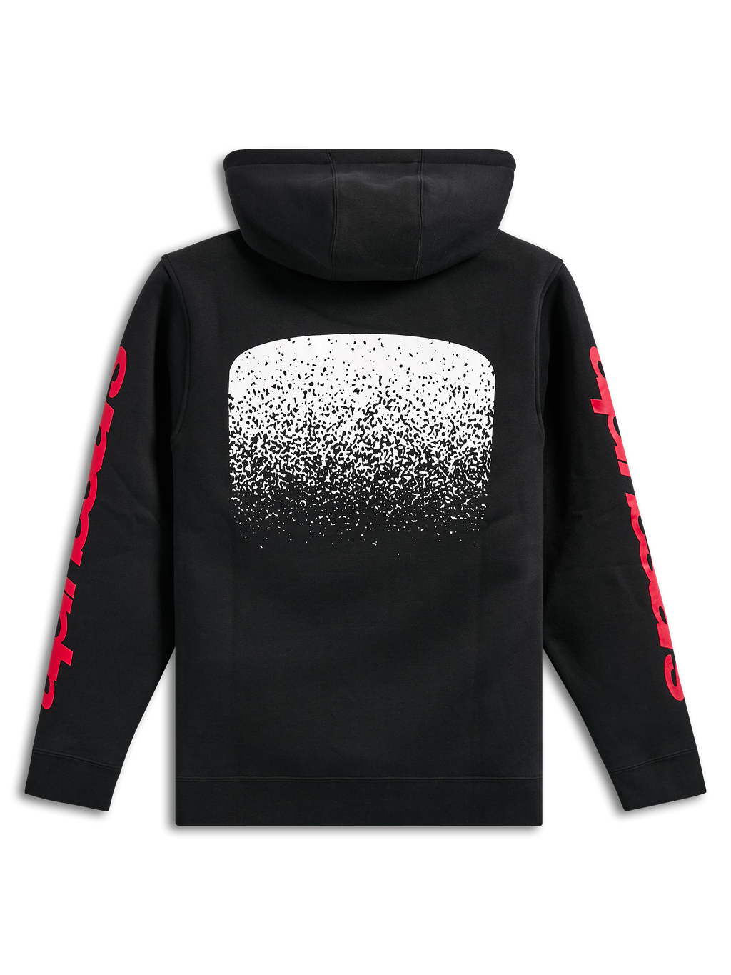 Alpinestars Obsessed Hoodie, zwarte pullover fleece hoodie, achteraanzicht, grote witte MX-verloopgrafiek op de rug, rode Alpinestars-woordlogo's op de mouwen, casual motorsport-geïnspireerde streetwear