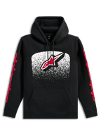 Alpinestars Obsessed Hoodie, zwarte pullover hoodie, groot Astars-logo op de borst met wit en rood MX-verloop, rode Alpinestars-woordlogo's op de mouwen, capuchon met trekkoord en kangoeroezak, casual op motorsport geïnspireerde streetwear