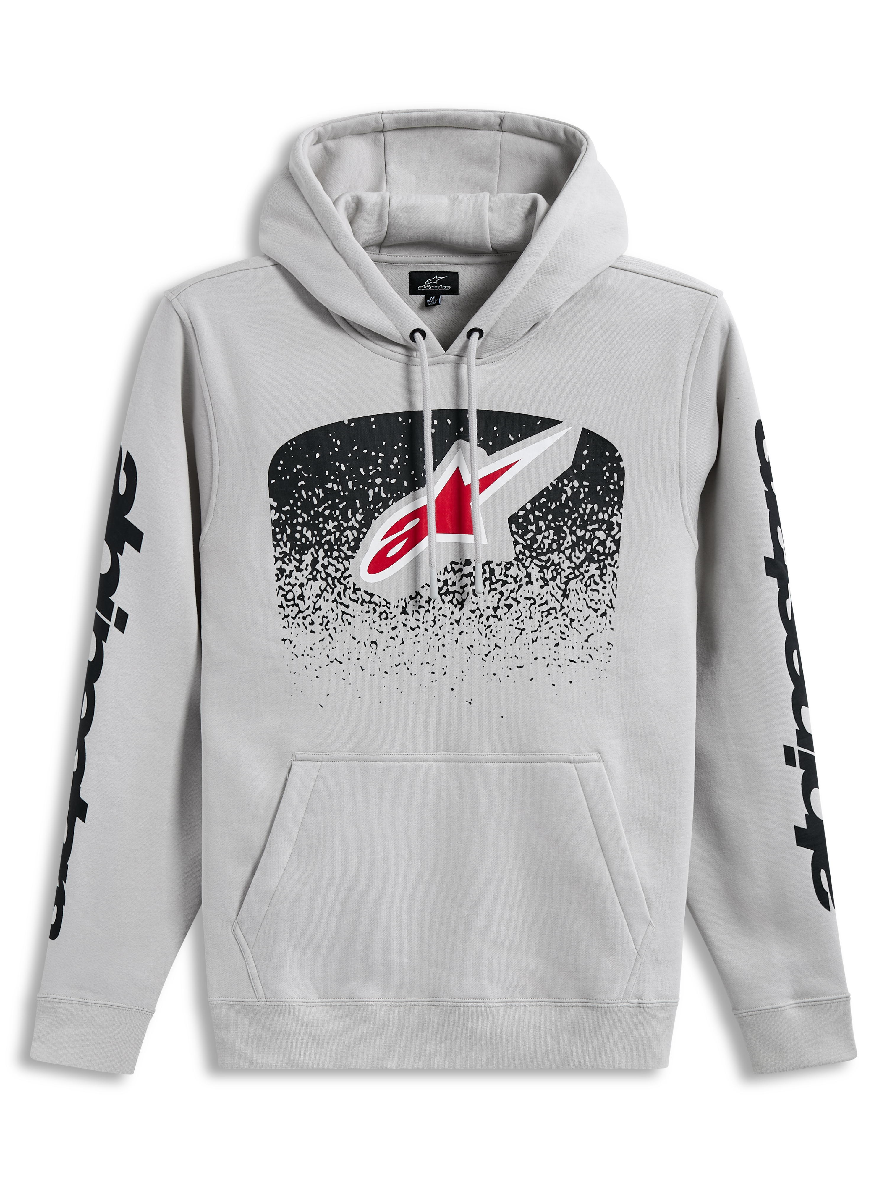 Alpinestars Obsessed hoodie, cementgrijze sportswear pullover met MX-verlooplogo en zwarte mouwgraphics.