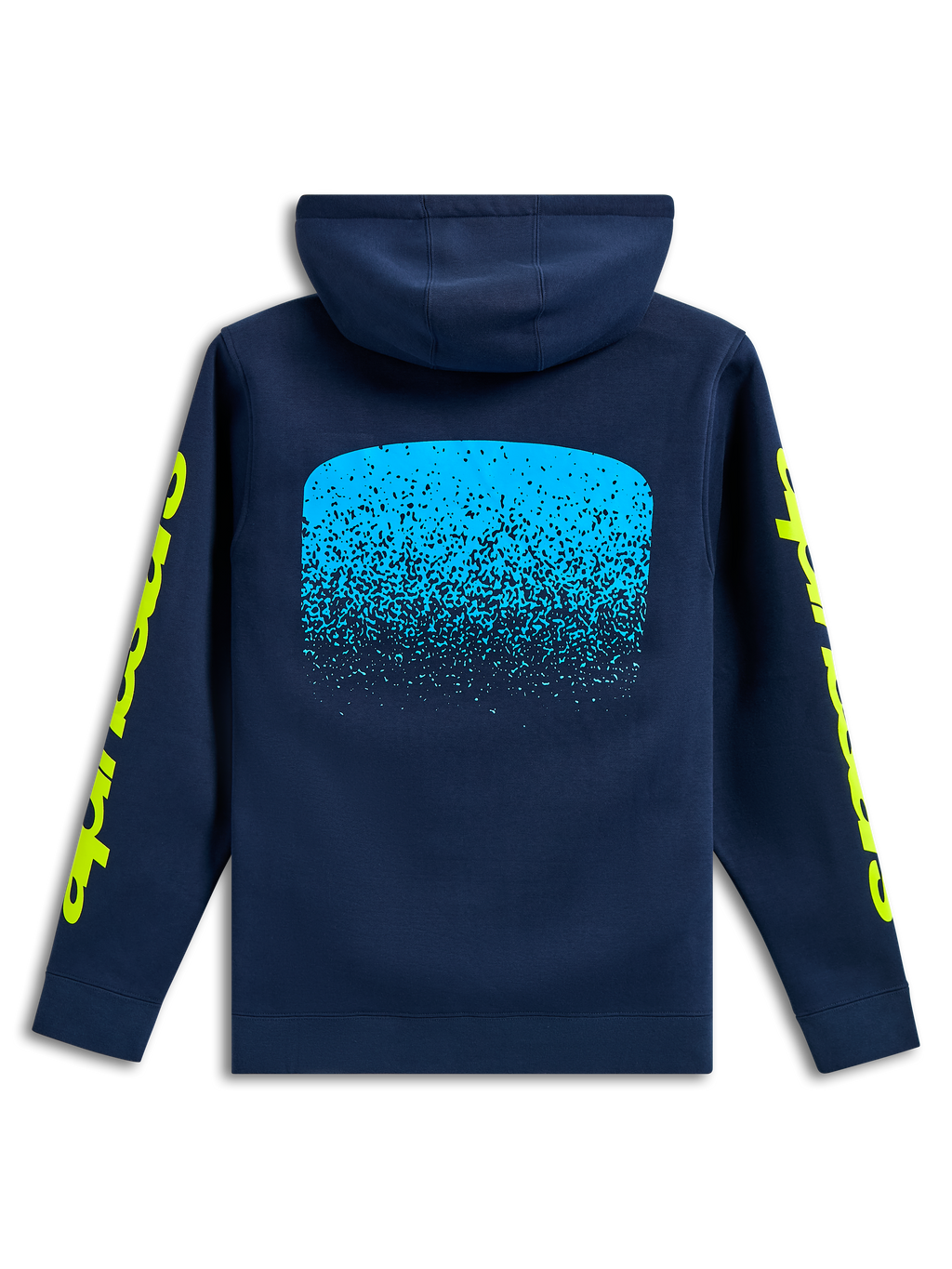 Alpinestars Obsessed Hoodie, achteraanzicht, donkerblauw, lichtblauwe MX-verloop graphic op de rug, gele Alpinestars woordlogo's op de mouwen, casual motorsport streetwear