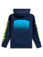 Alpinestars Obsessed Hoodie, achteraanzicht, donkerblauw, lichtblauwe MX-verloop graphic op de rug, gele Alpinestars woordlogo's op de mouwen, casual motorsport streetwear